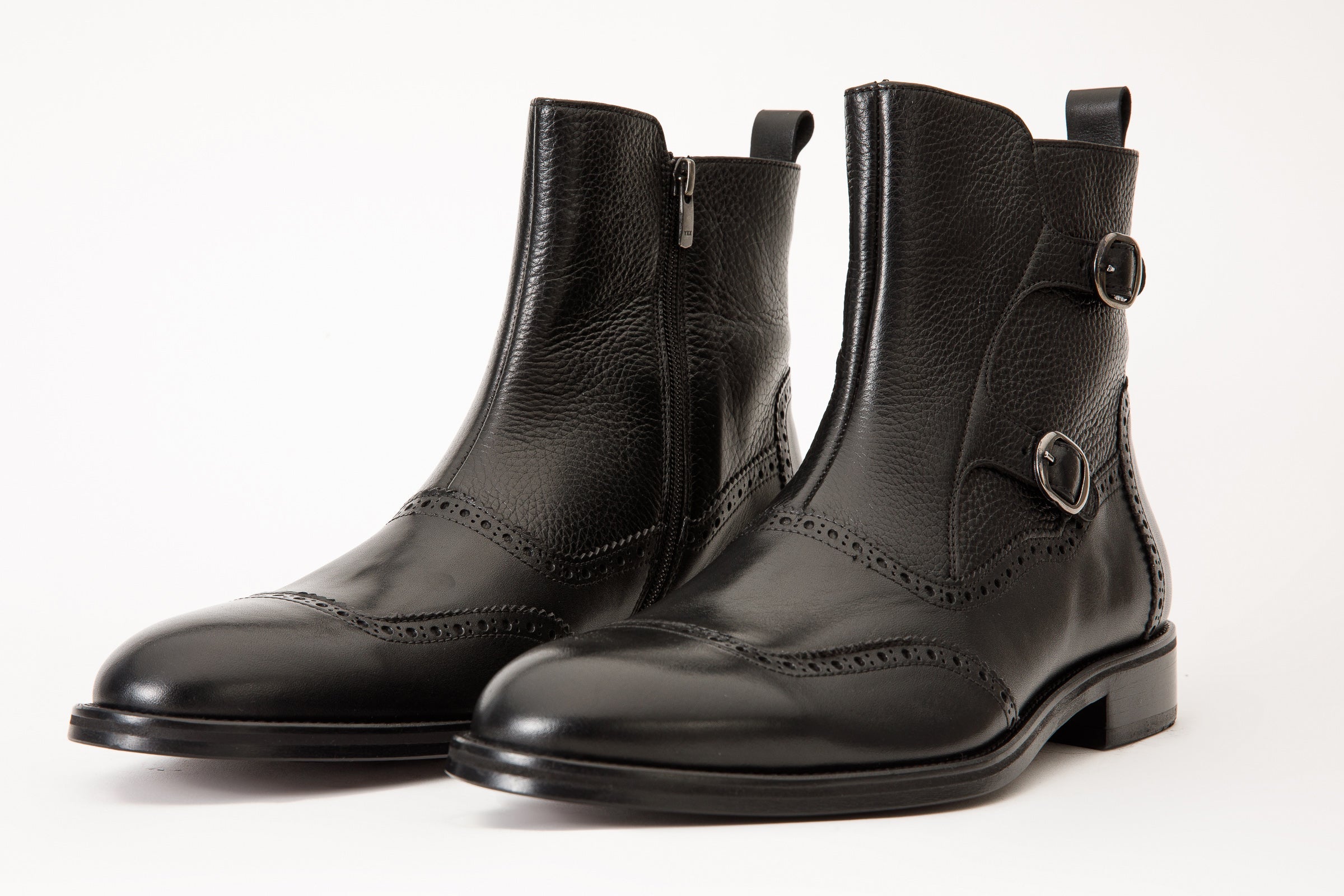 The Rand Black Leather Double Buckle Brogue Men Boot with a Zipper