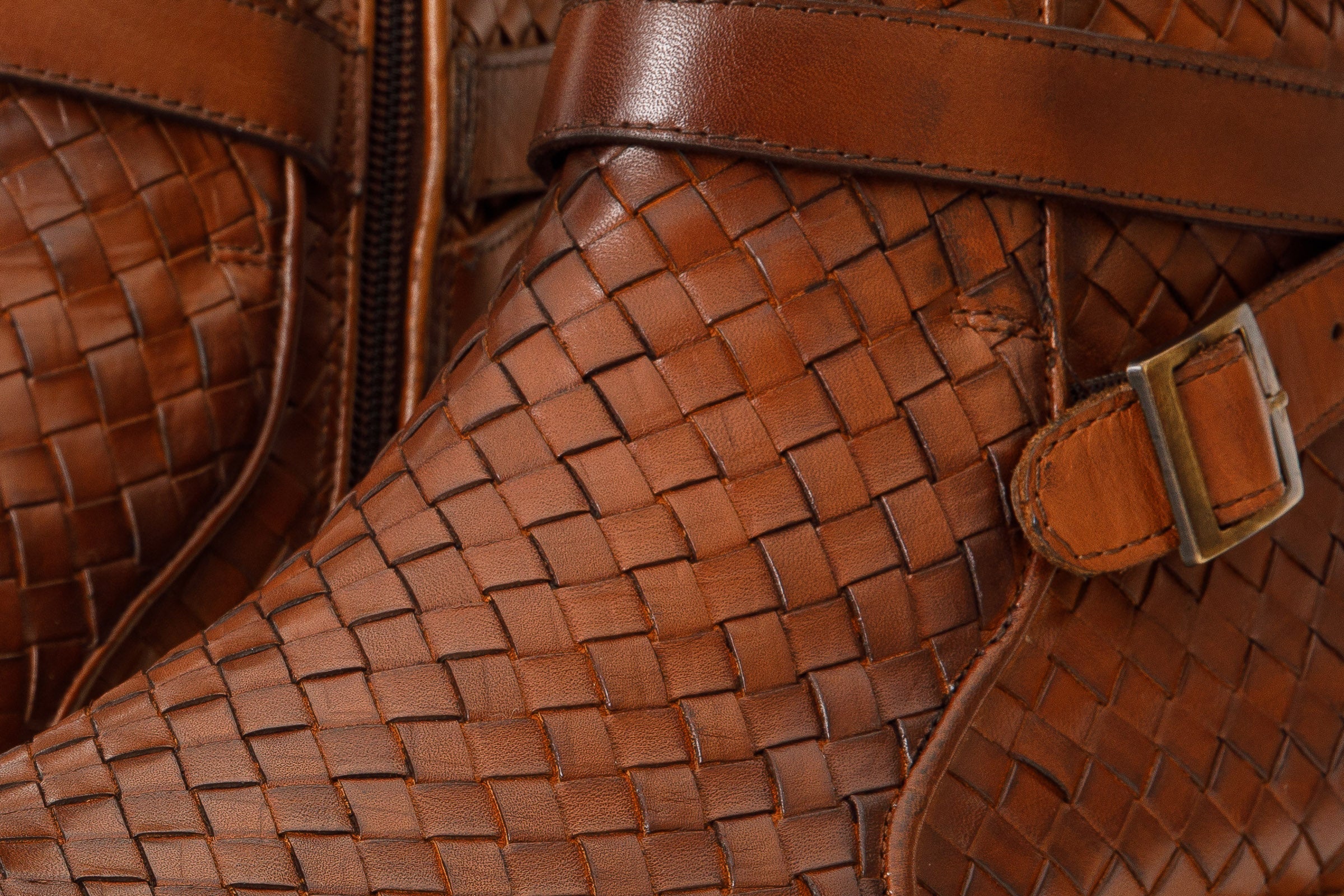 The Morral Tan Handwoven Leather Cross Strap Buckle Zip-Up Men Boot