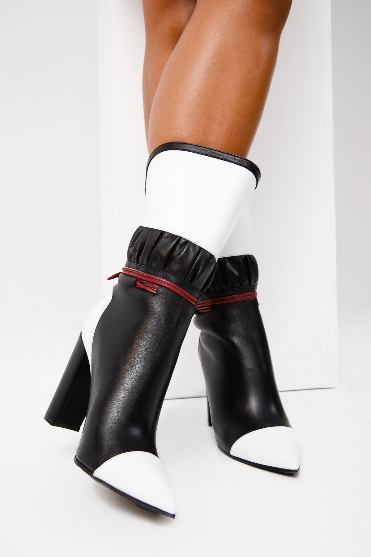 The Lucca Black & White Leather Mid Calf High Heel Women Boot Limited Edition