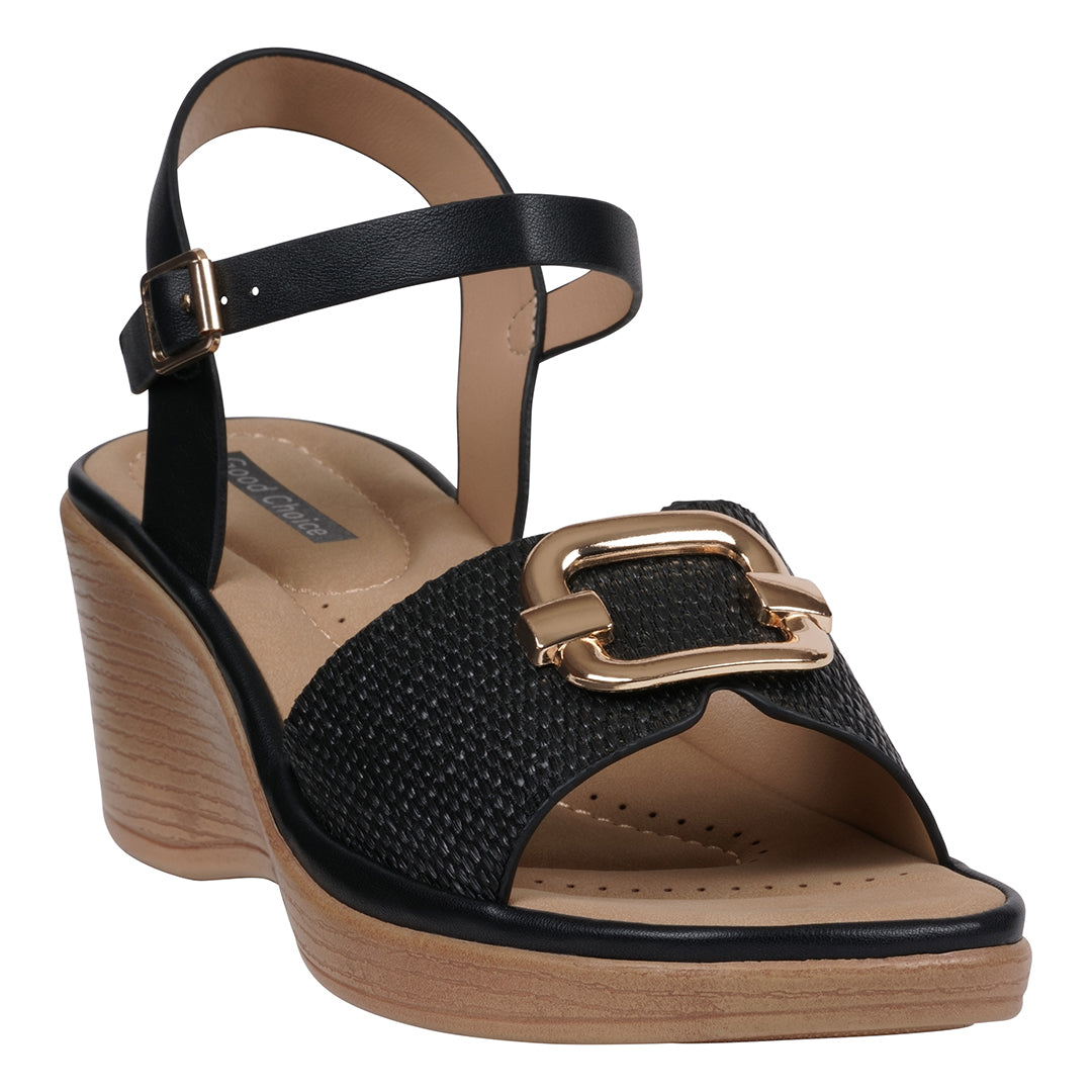 GC Shoes Women's Fia Black Woven Wedge Sandals