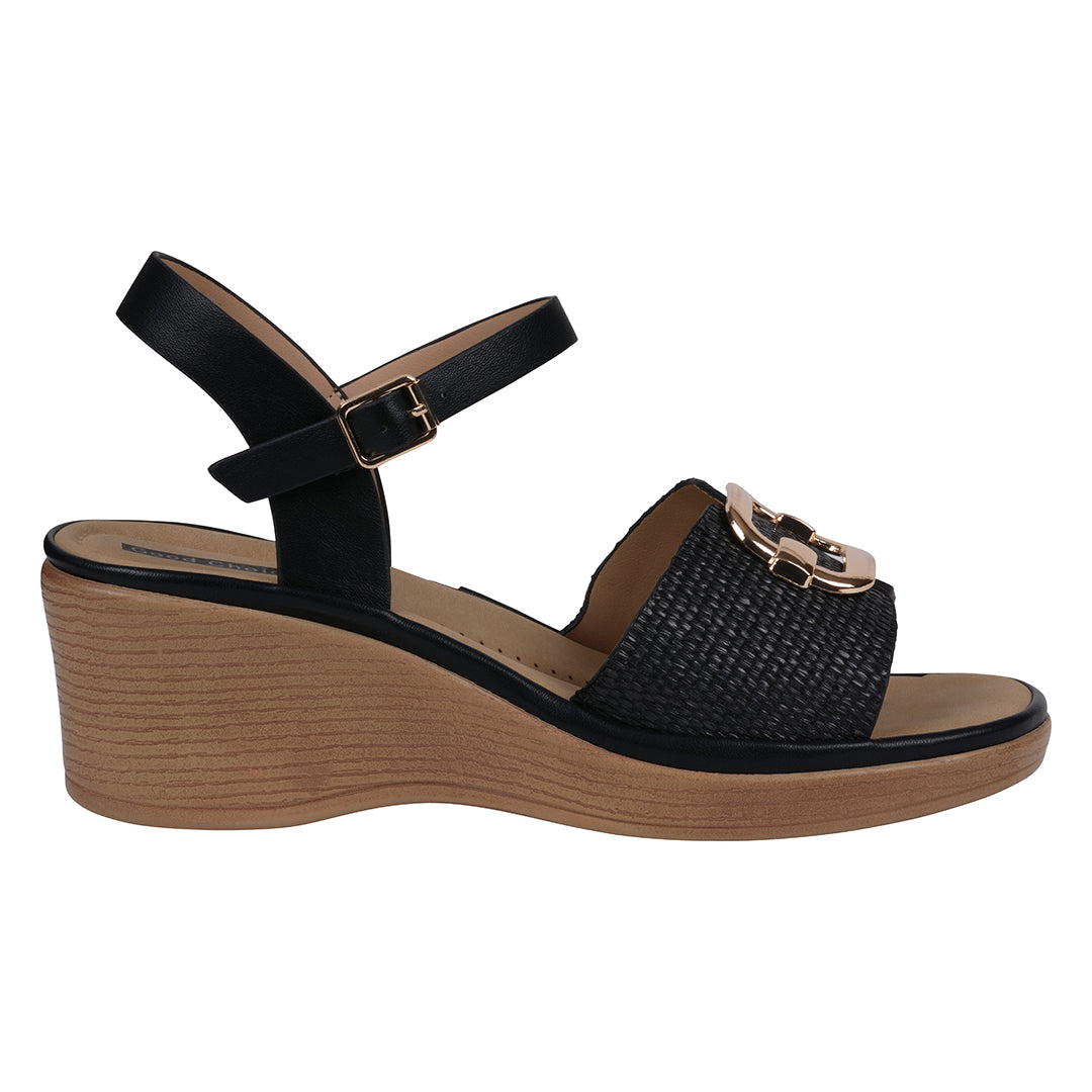 GC Shoes Women's Fia Black Woven Wedge Sandals