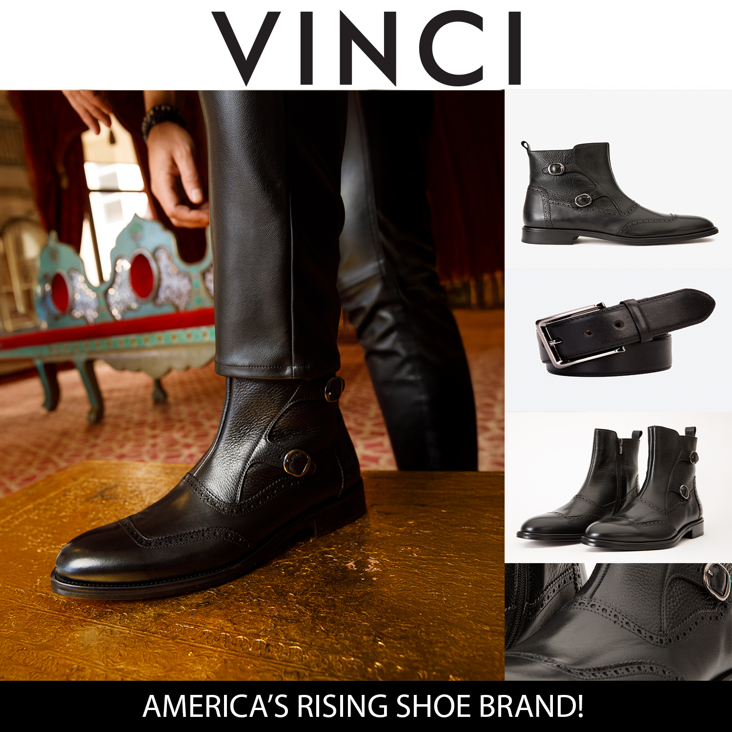 The Rand Black Leather Double Buckle Brogue Men Boot with a Zipper