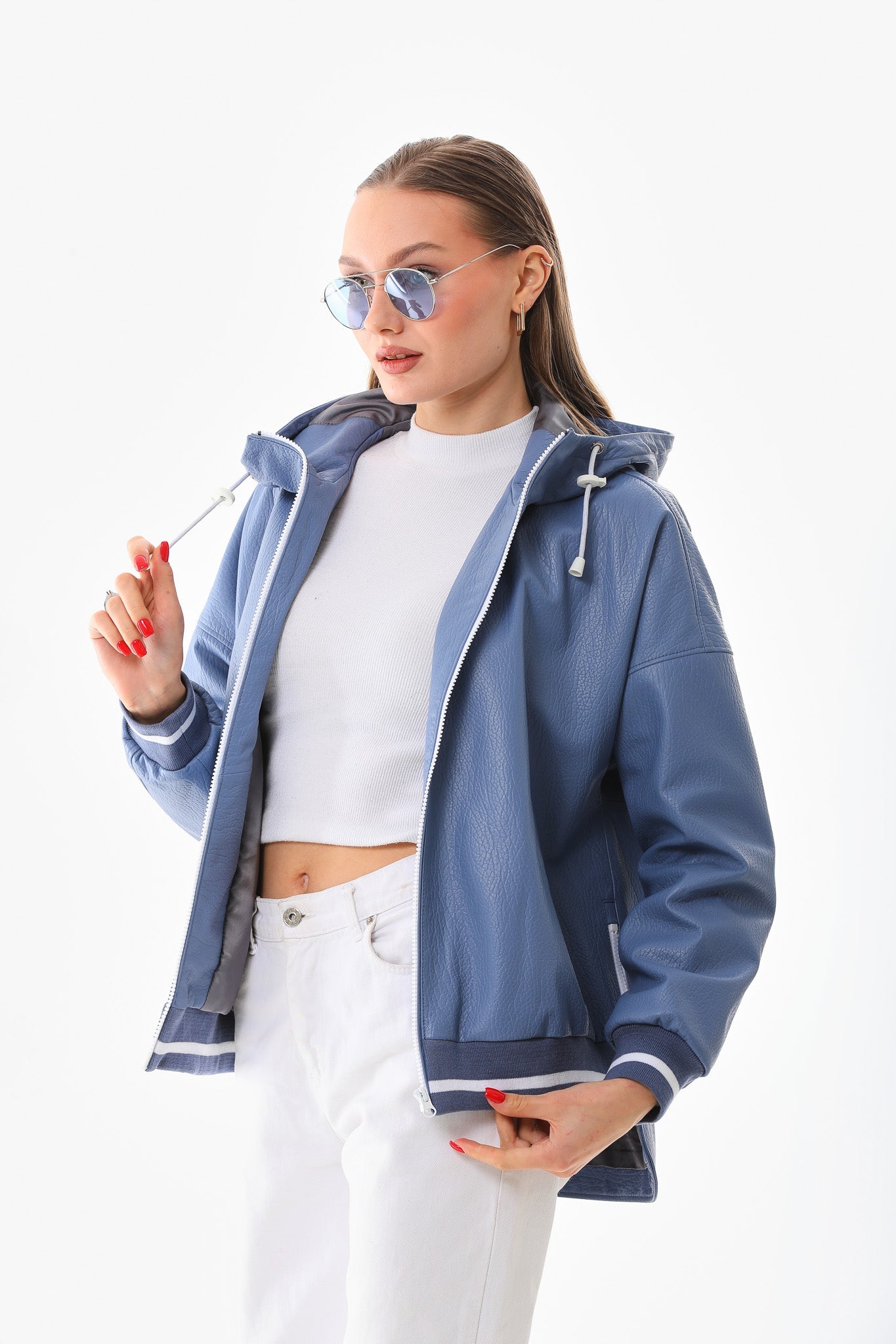 The Polar Blue Leather Women Jacket