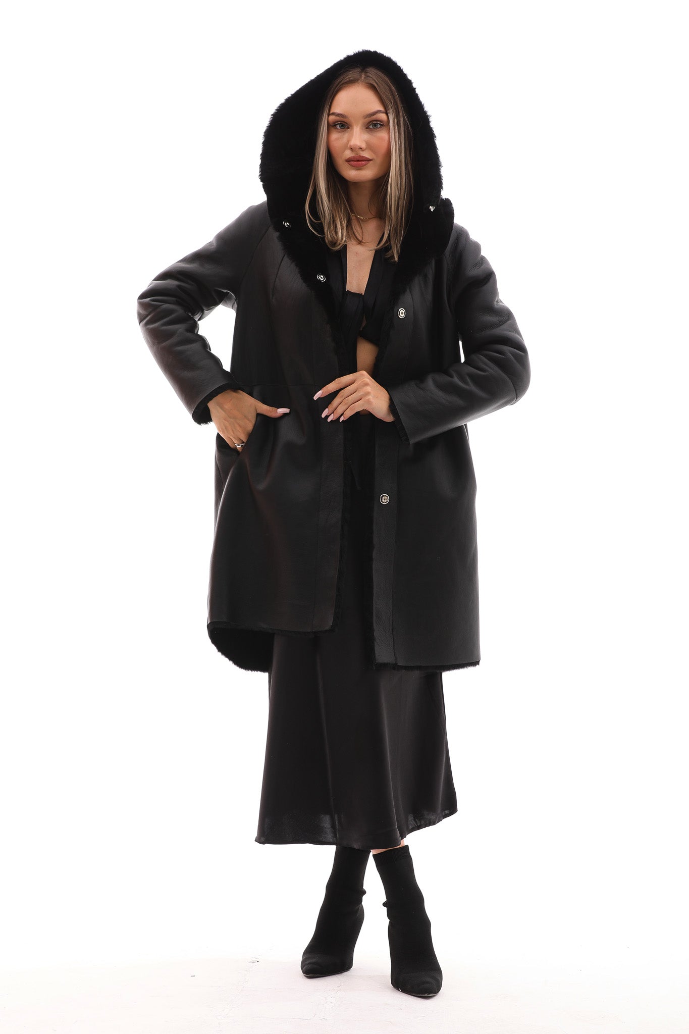 The Noctura Reversible Hooded Shearling Leather Coat