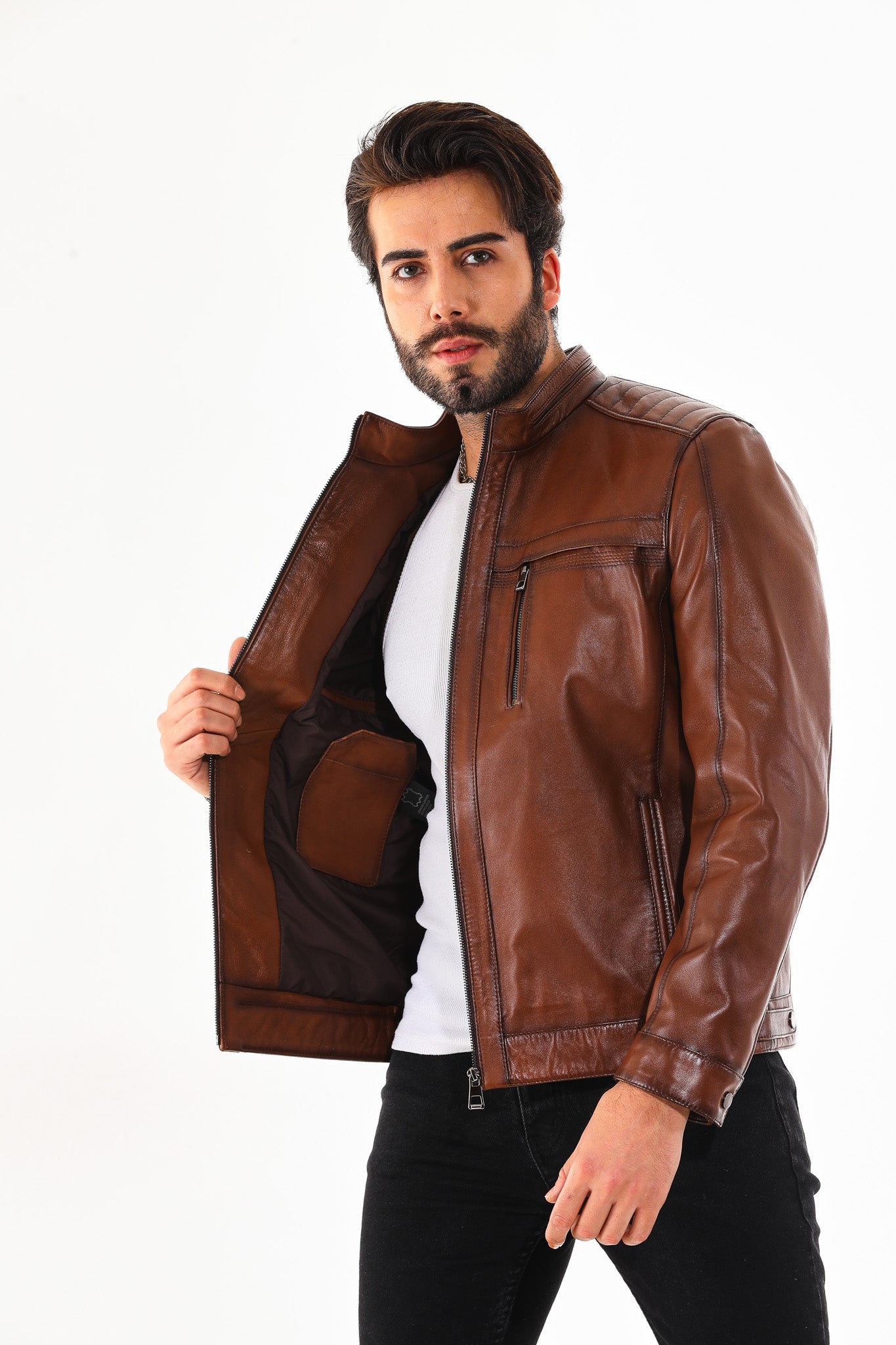The Rossi Cognac Brown Leather Men Jacket