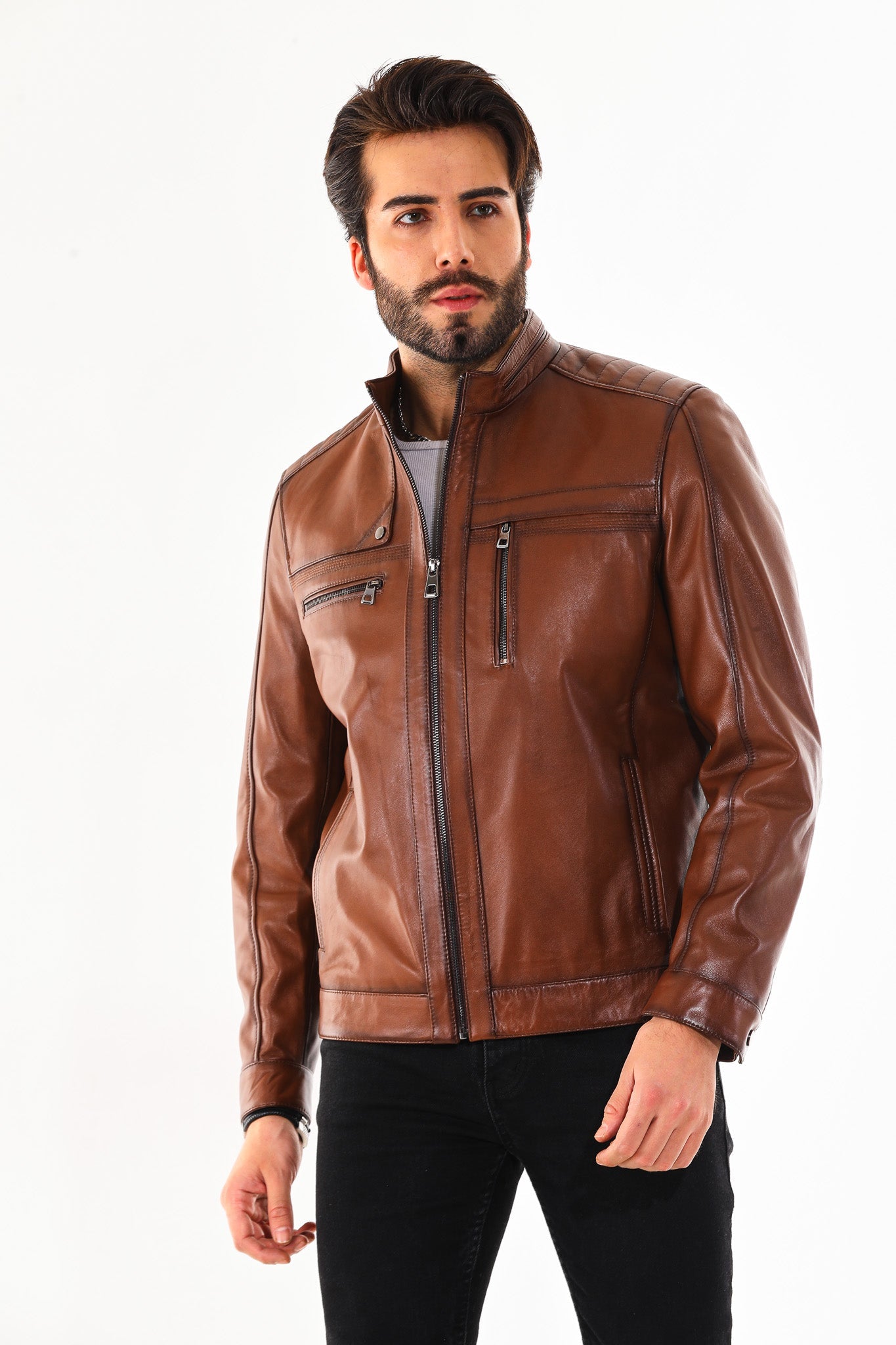 The Rossi Cognac Brown Leather Men Jacket