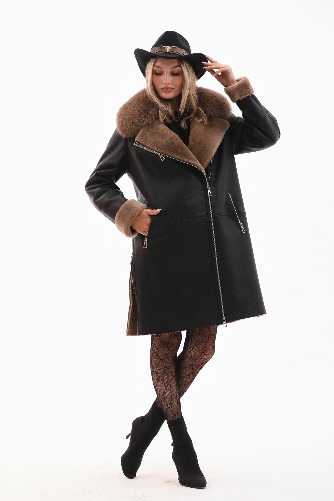 The Onyx Caramel Shearling & Fox Fur Leather Women Jacket