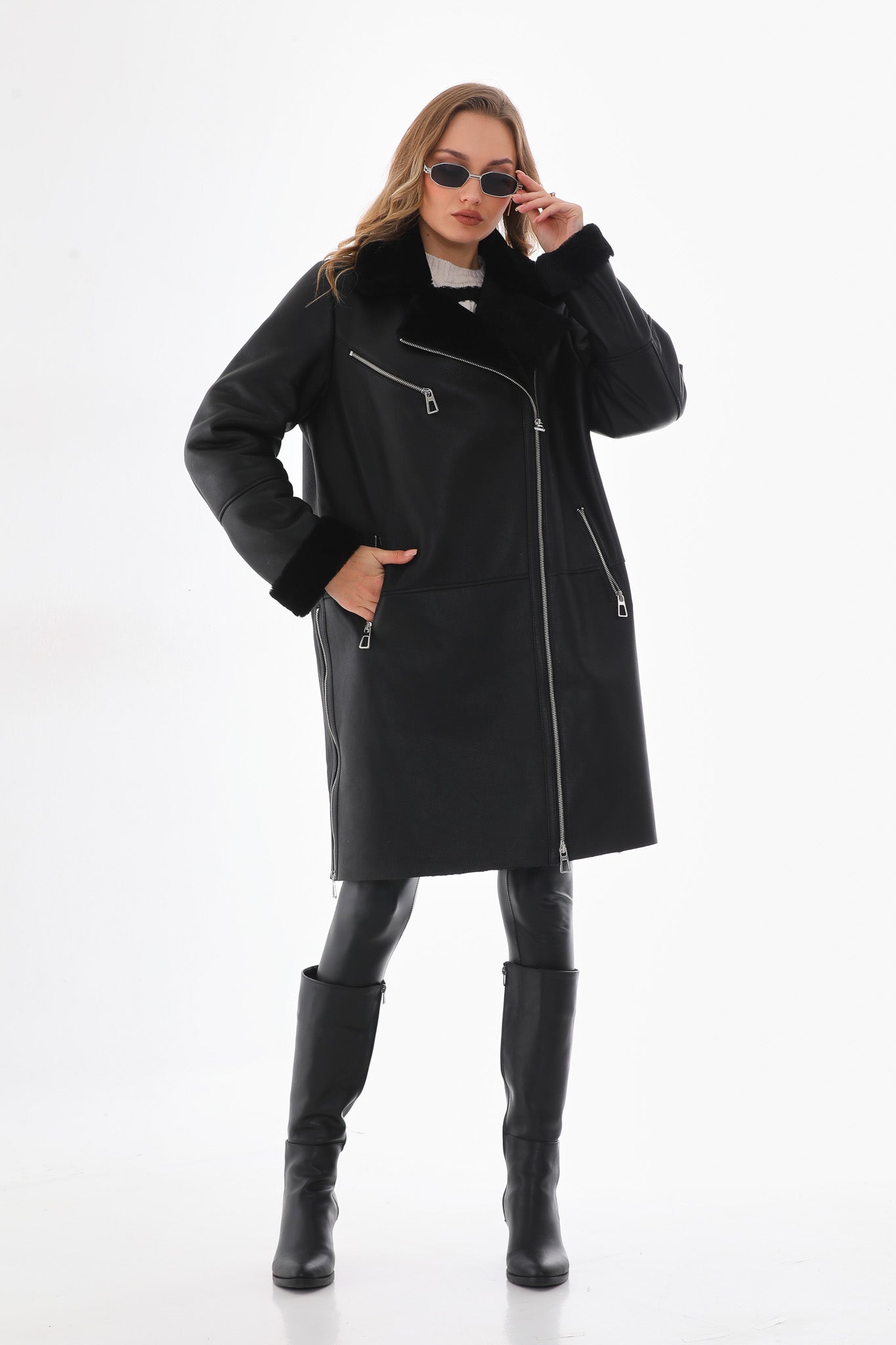 The Onyx Black Shearling & Fox Fur Leather Women Jacket