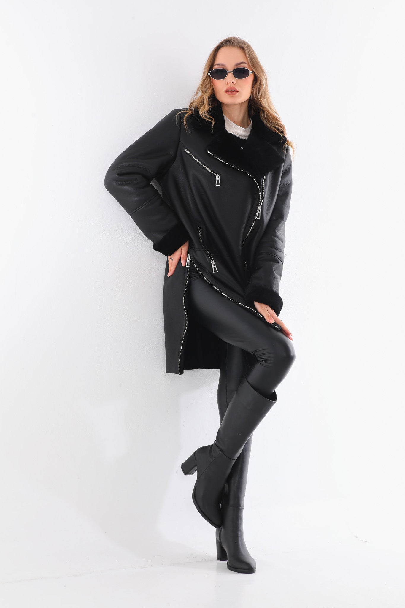 The Onyx Black Shearling & Fox Fur Leather Women Jacket