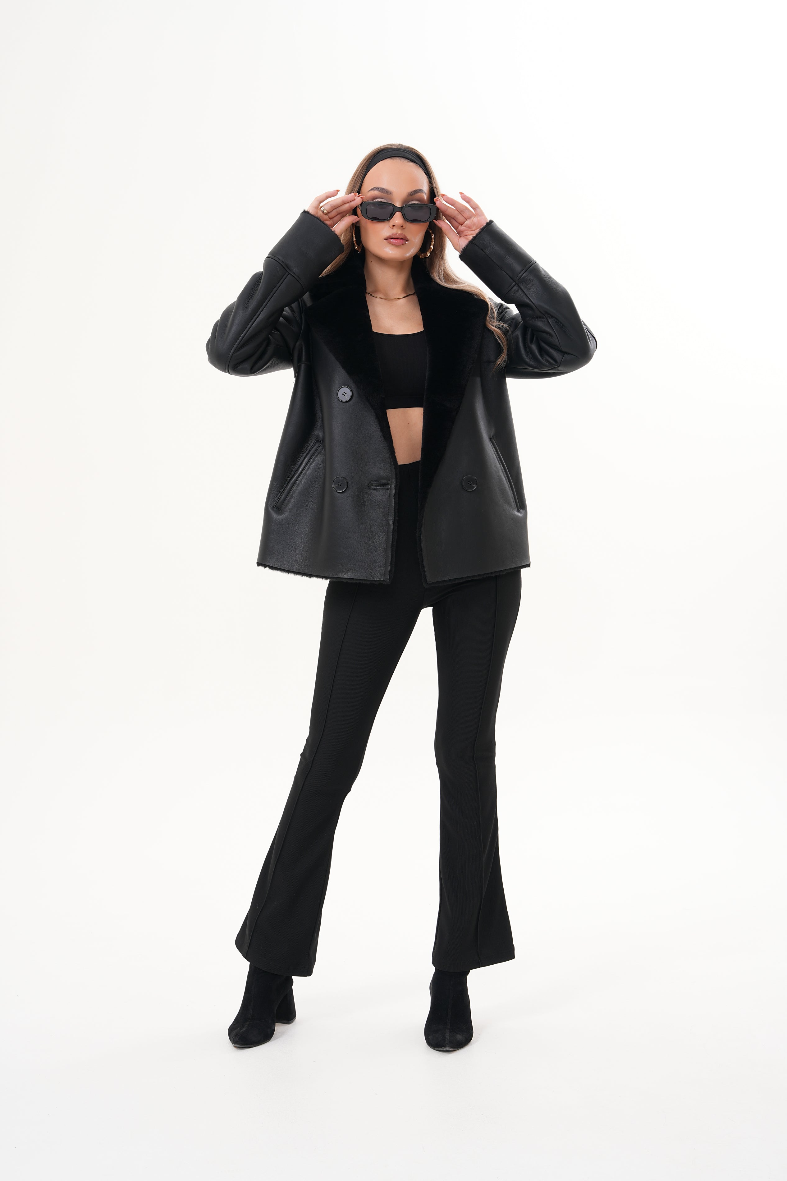 The Zurich Double-Breasted Black Shearling Leather Women Jacket