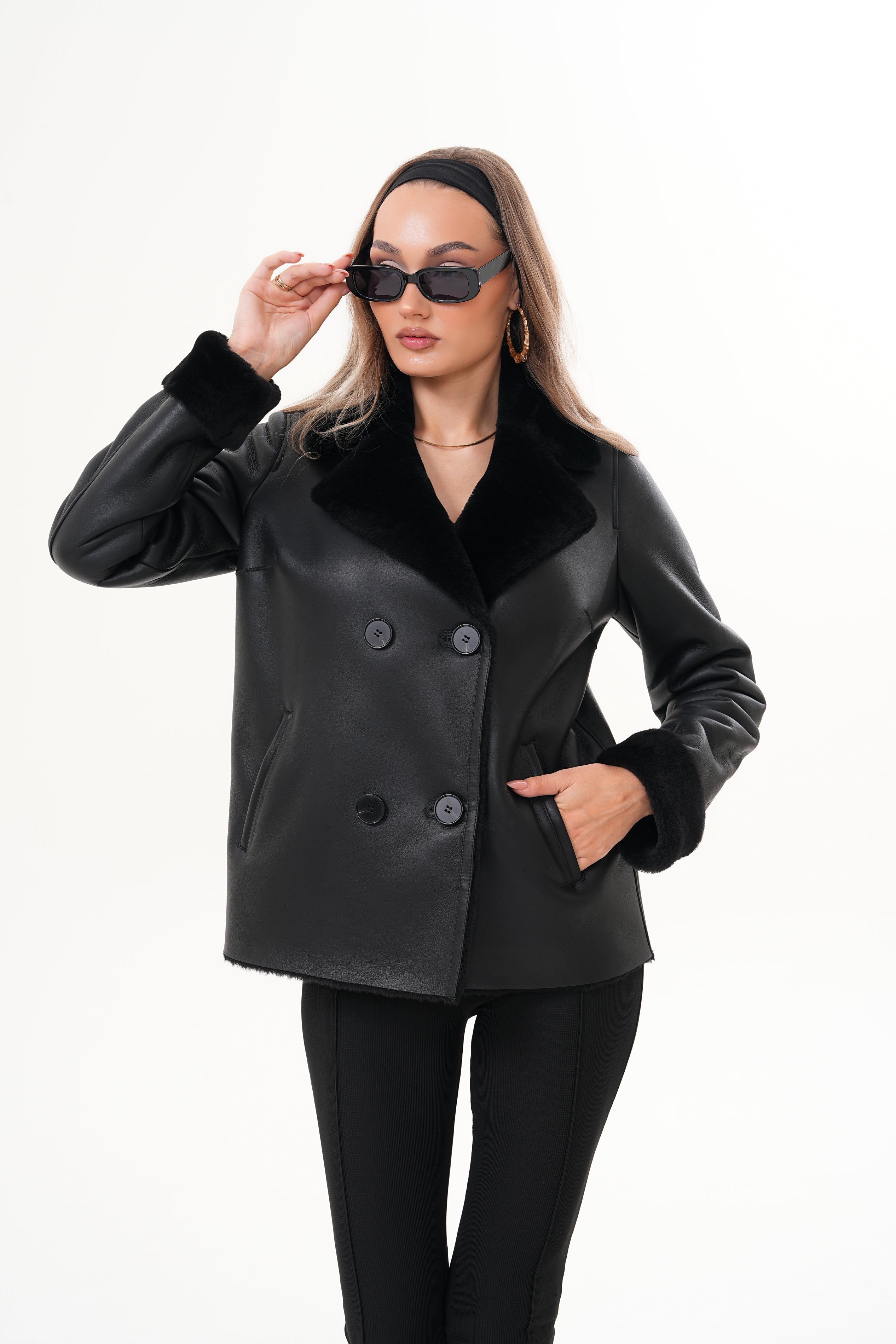 The Zurich Double-Breasted Black Shearling Leather Women Jacket