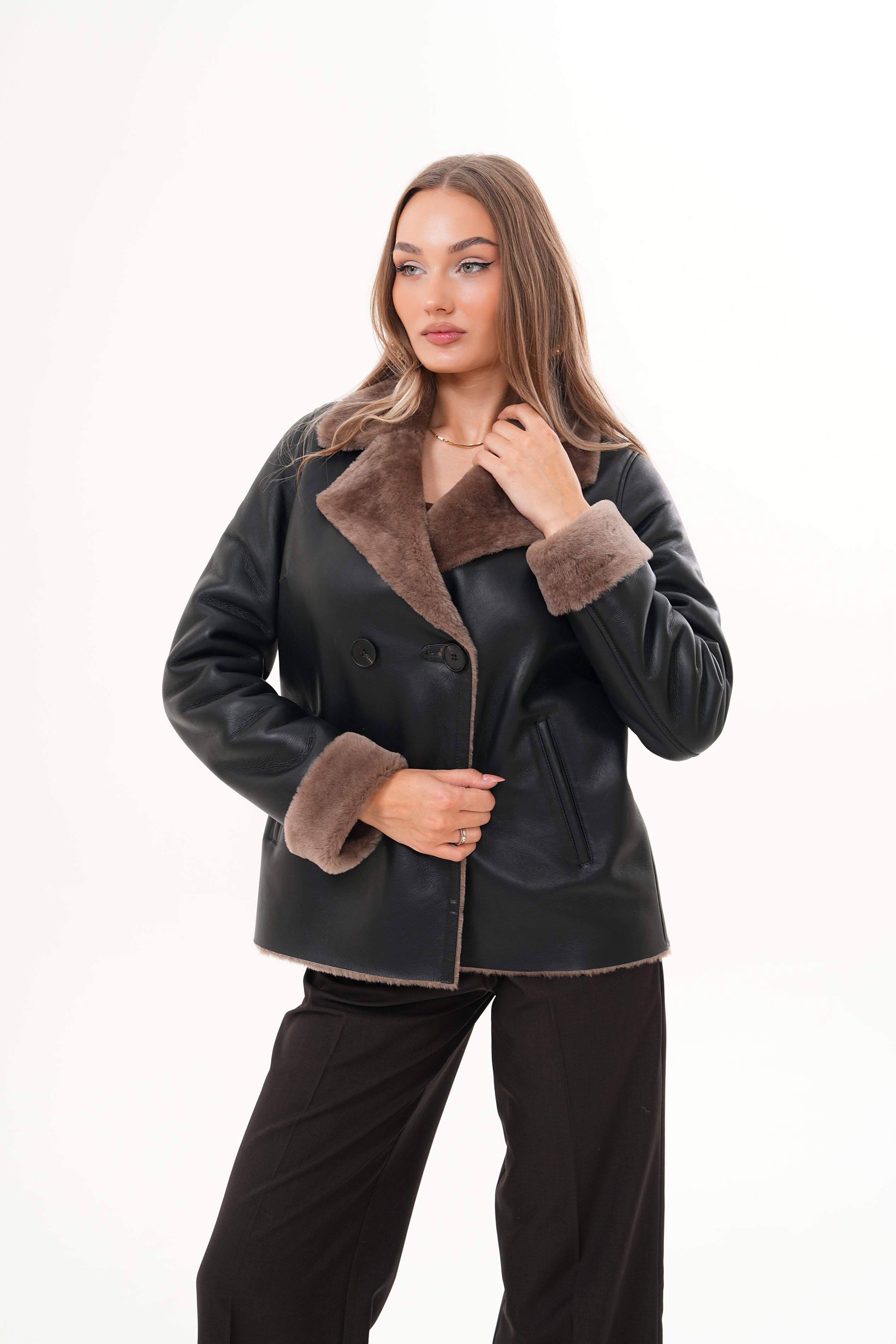 The Zurich Double-Breasted Brown Shearling Collar Leather Women Jacket