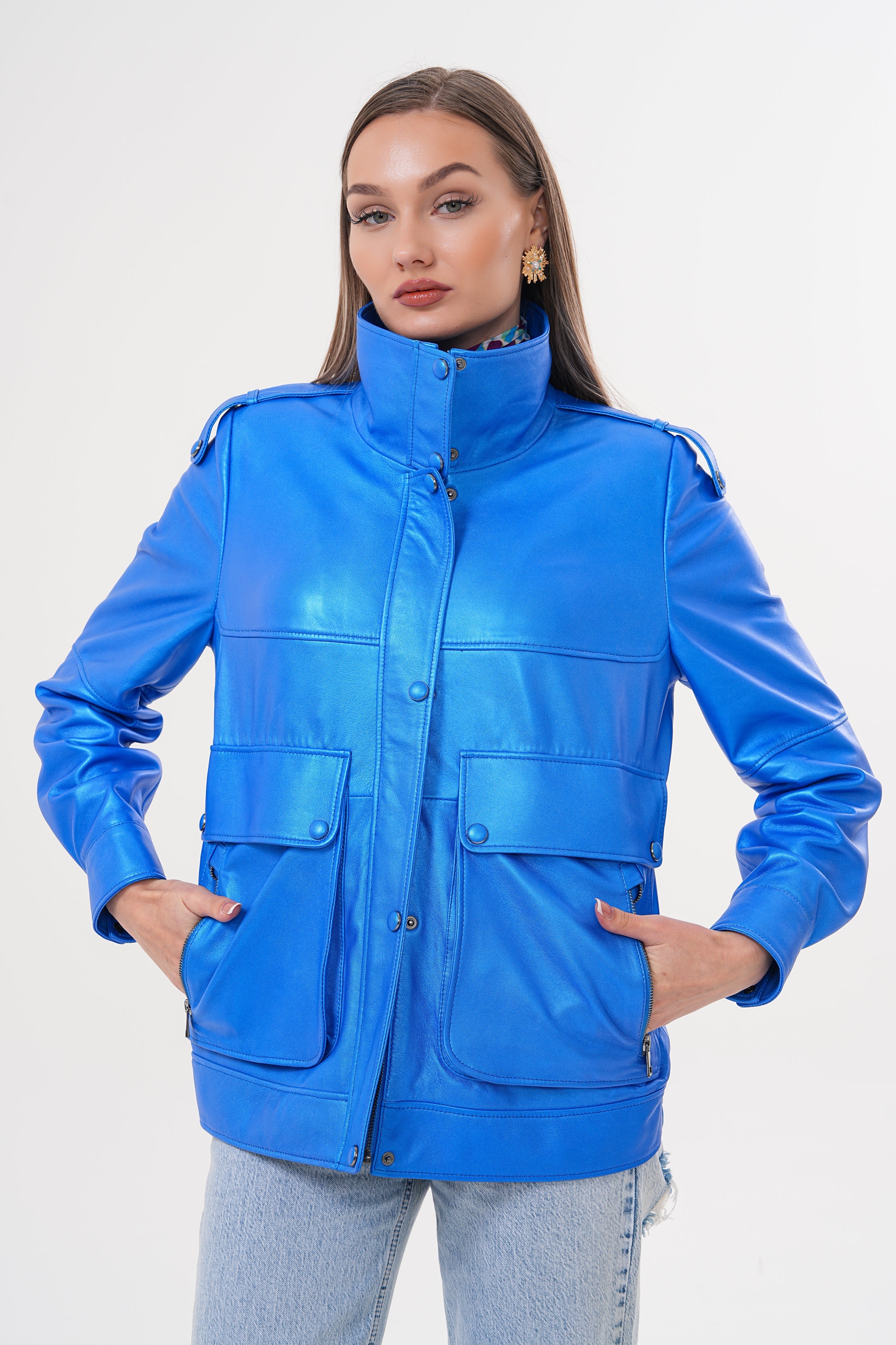 The Rivera Blue Leather Women Jacket