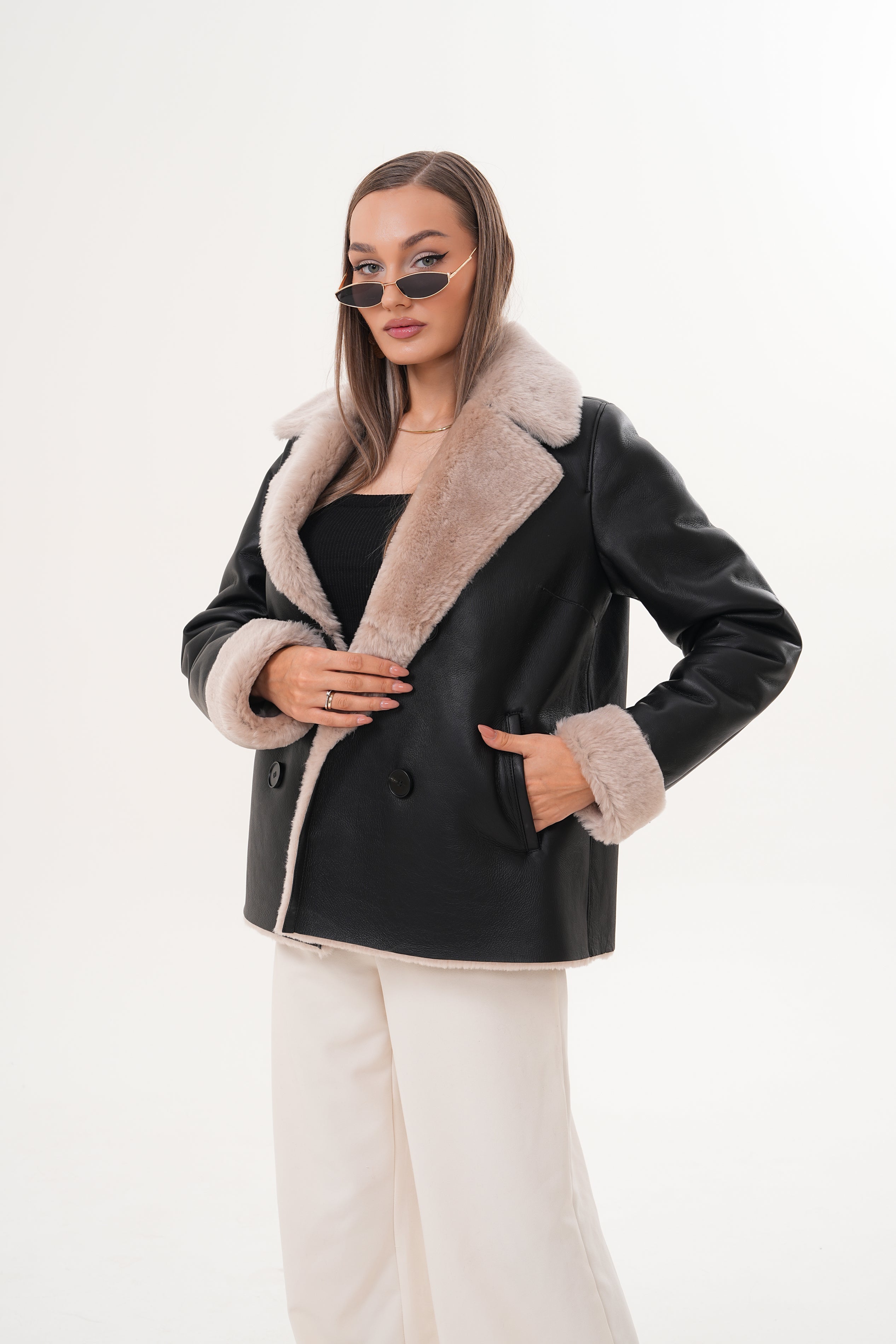 The Zurich Double-Breasted Cream Shearling Collar Leather Women Jacket