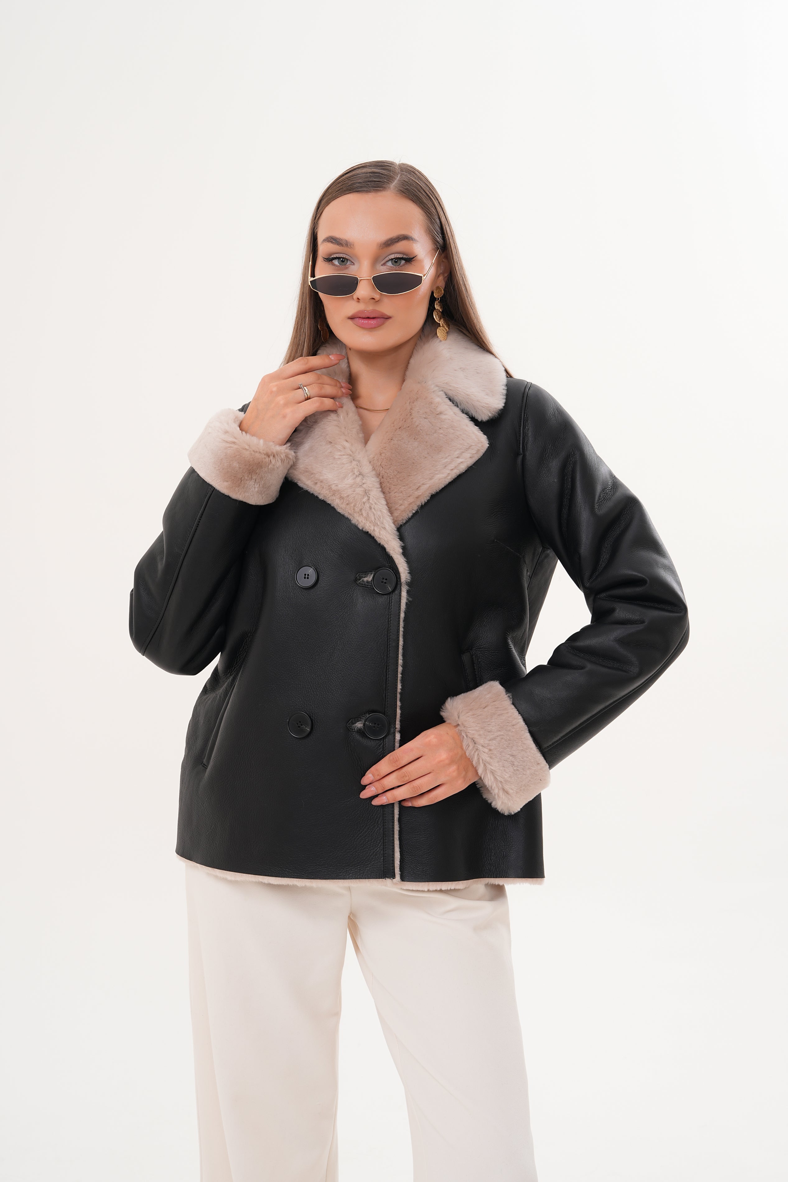 The Zurich Double-Breasted Cream Shearling Collar Leather Women Jacket
