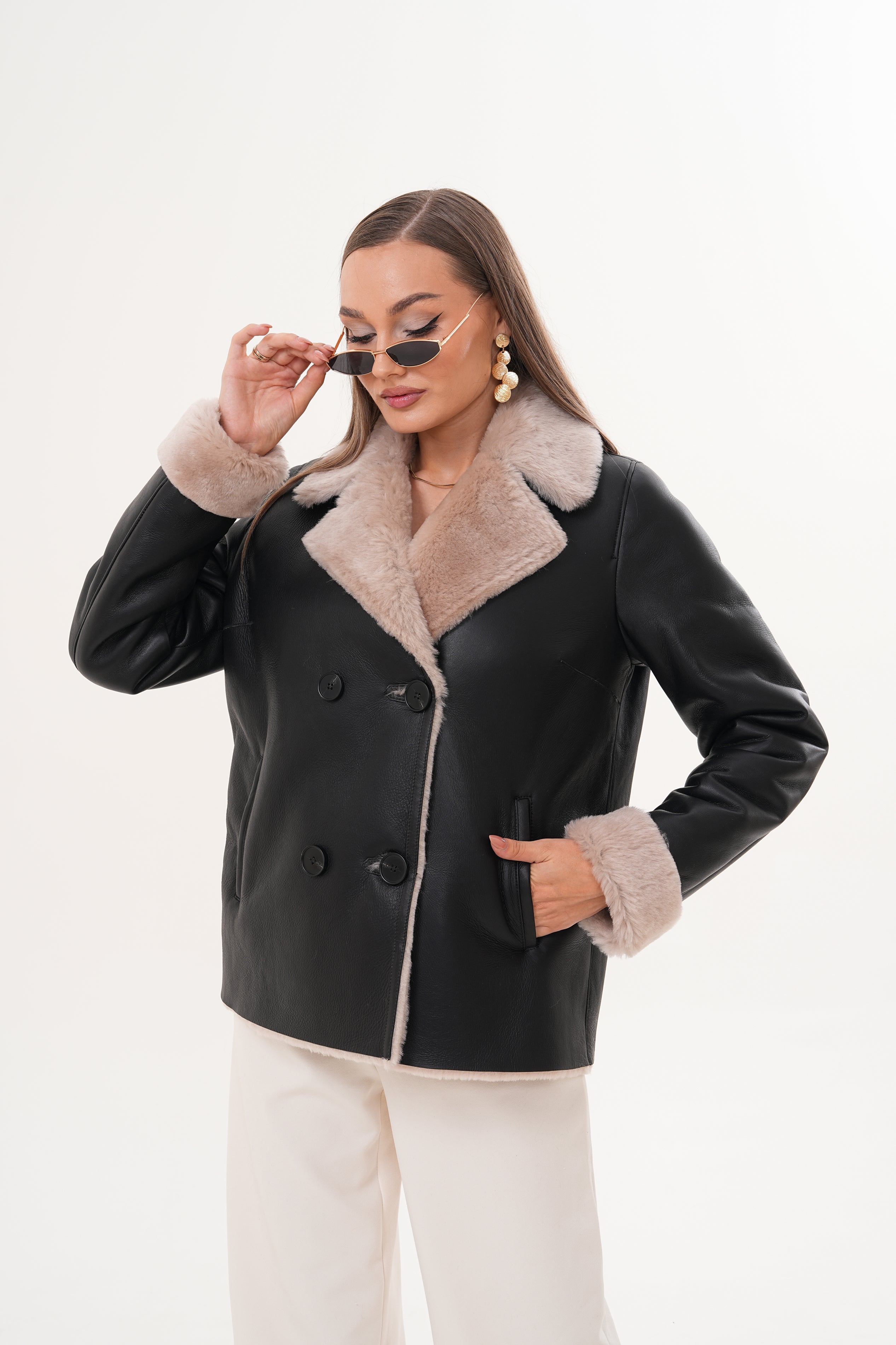 The Zurich Double-Breasted Cream Shearling Collar Leather Women Jacket