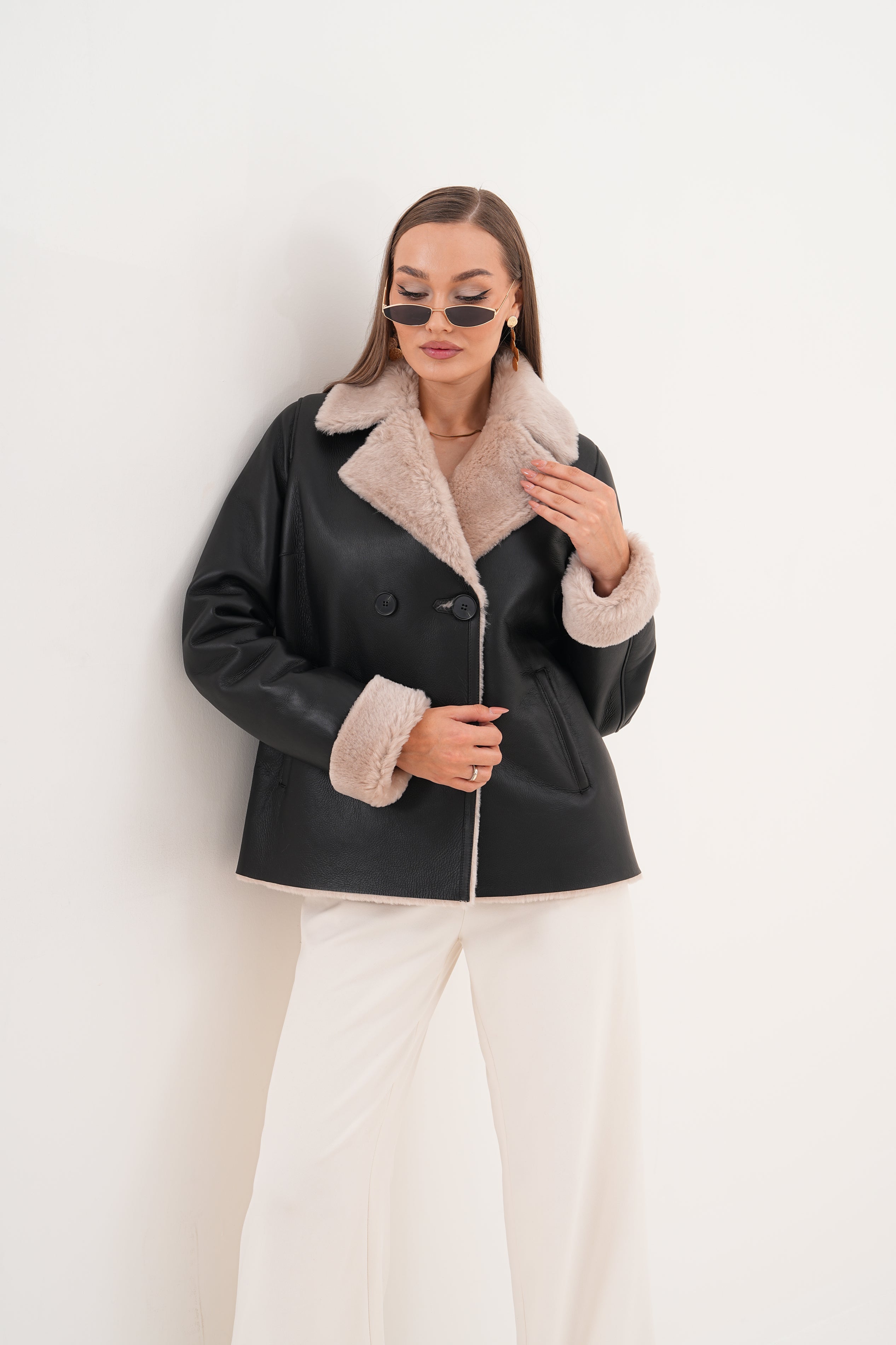 The Zurich Double-Breasted Cream Shearling Collar Leather Women Jacket
