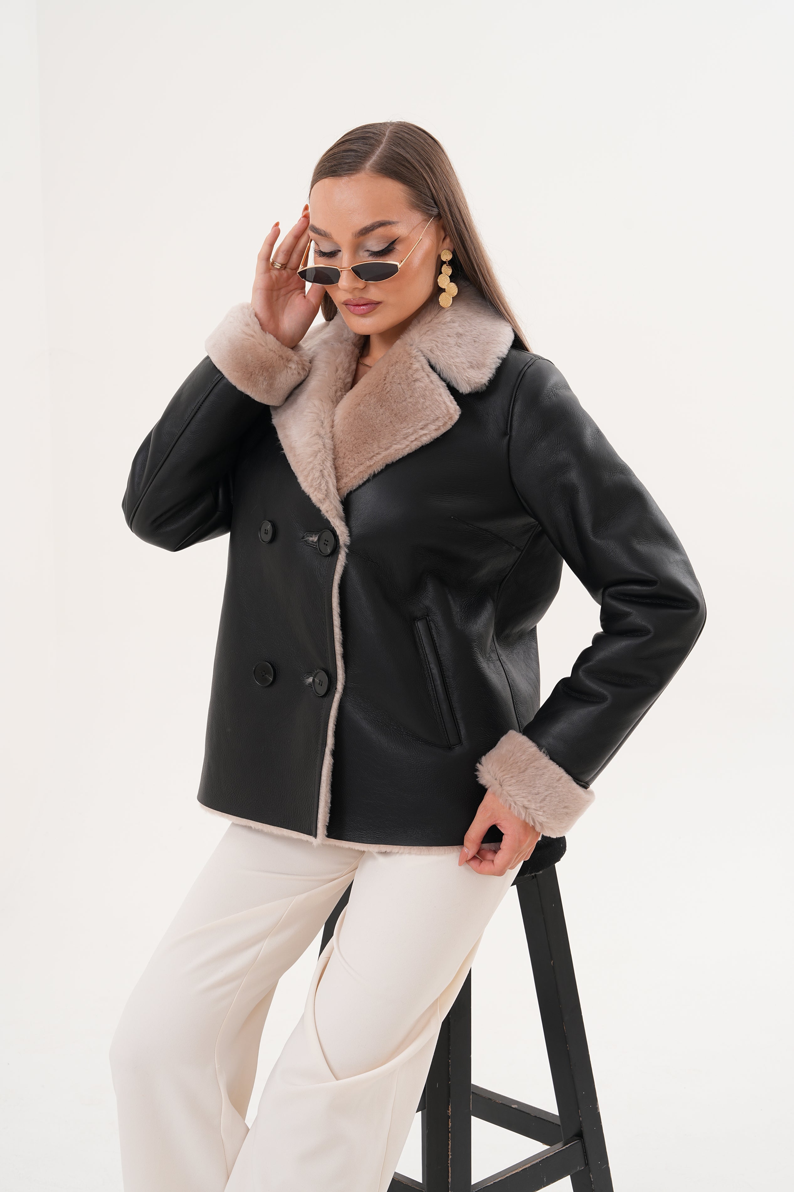 The Zurich Double-Breasted Cream Shearling Collar Leather Women Jacket