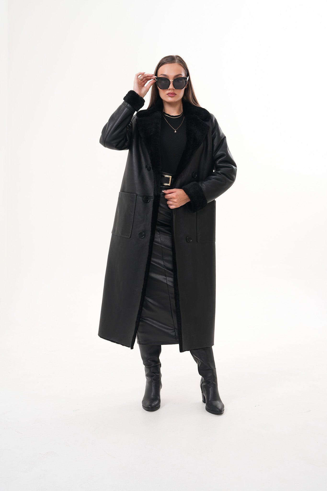 The Raven Long Shearling Black Leather Women Leather Jacket