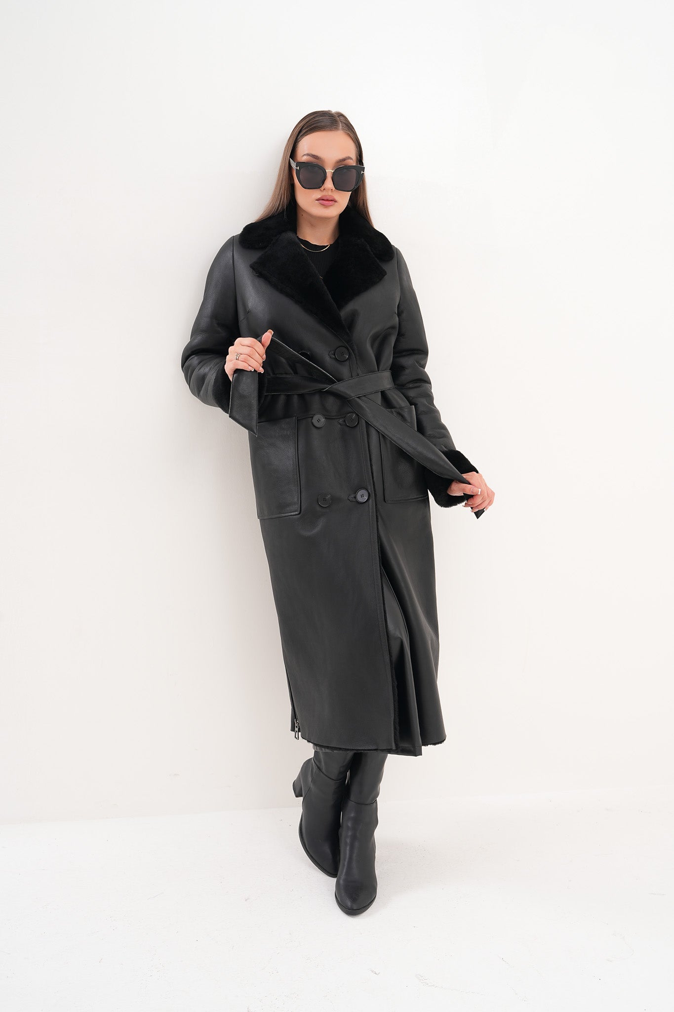 The Raven Long Shearling Black Leather Women Leather Jacket