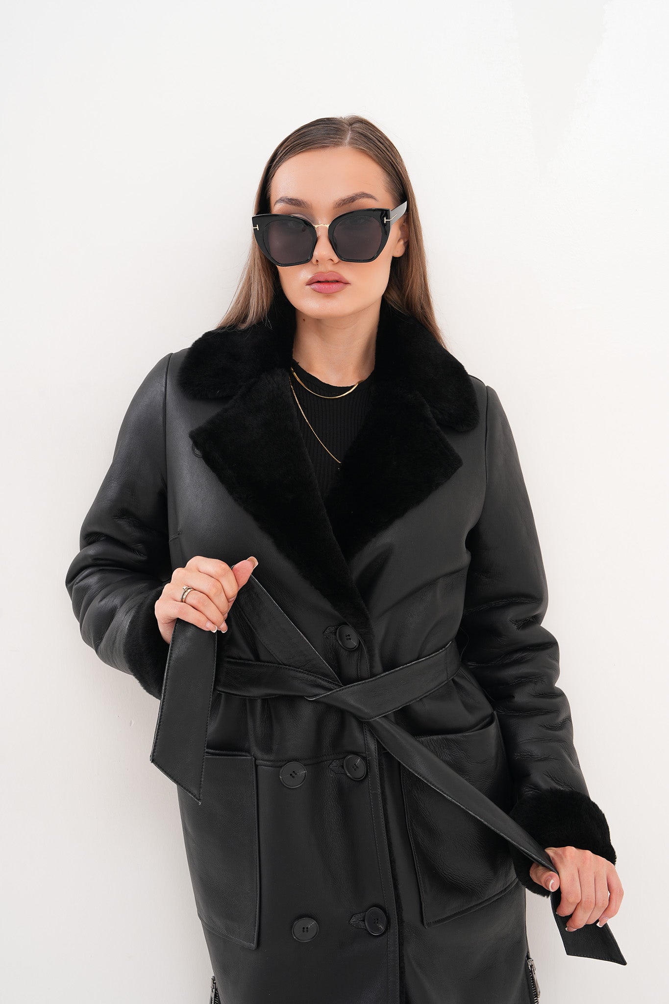 The Raven Long Shearling Black Leather Women Leather Jacket