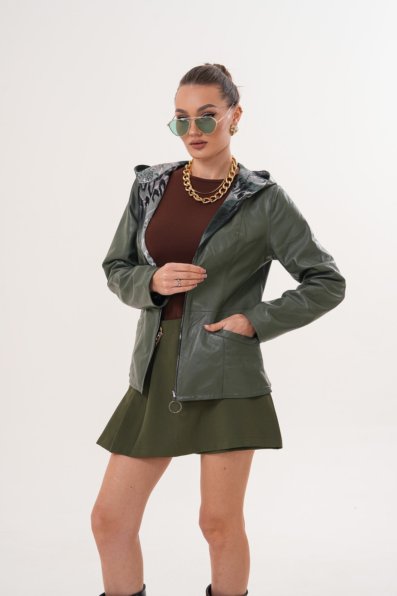 The Avelyn Reversible Olive Green Leather Women Jacket