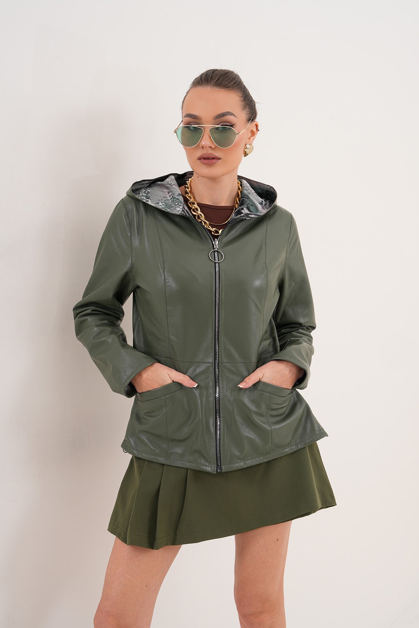 The Avelyn Reversible Olive Green Leather Women Jacket