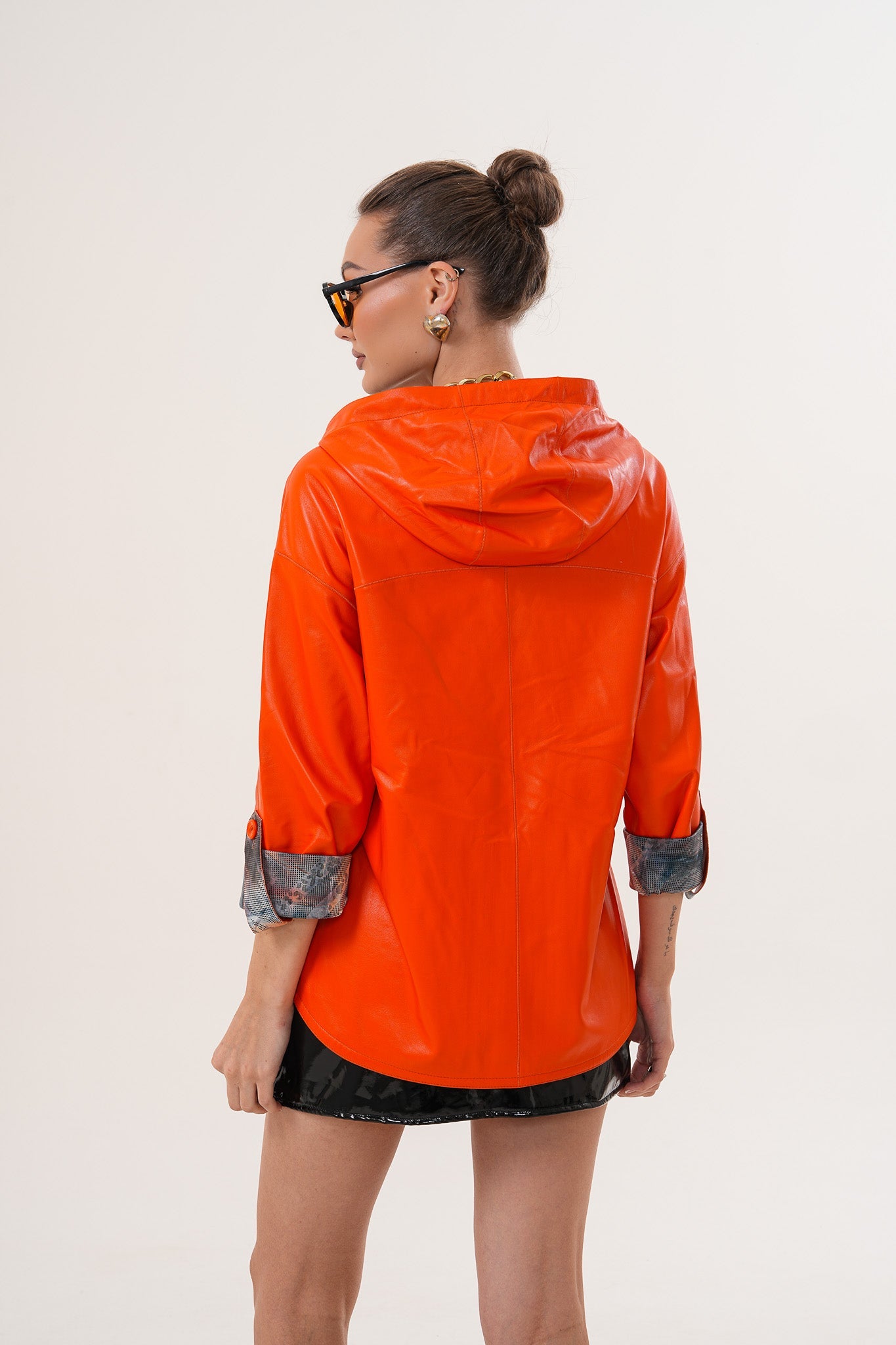 The Nyxara Reversible Hooded Orange Leather Jacket