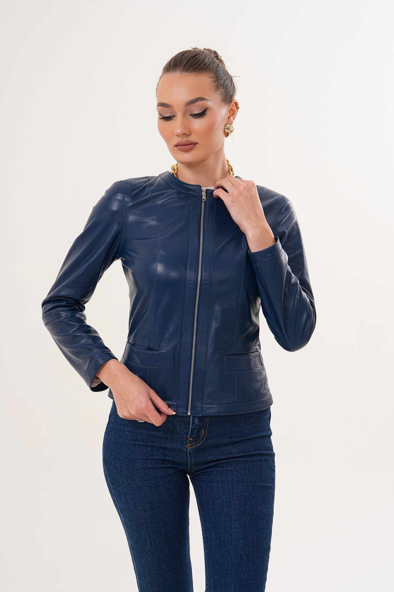 The Nyvessa Reversible Navy Blue Leather Women Jacket