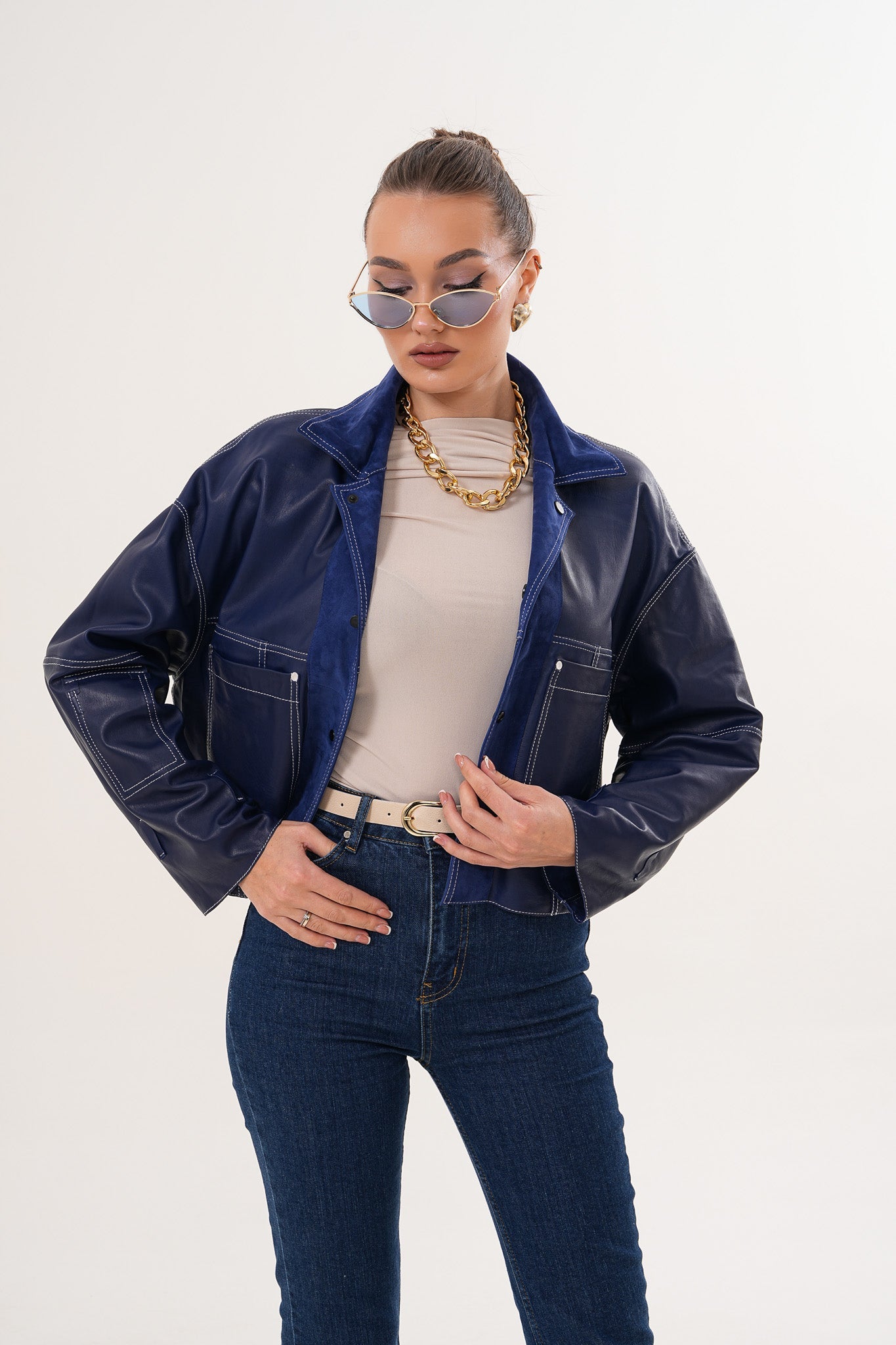 The Velmira Reversible Navy Blue Suede Leather Jacket