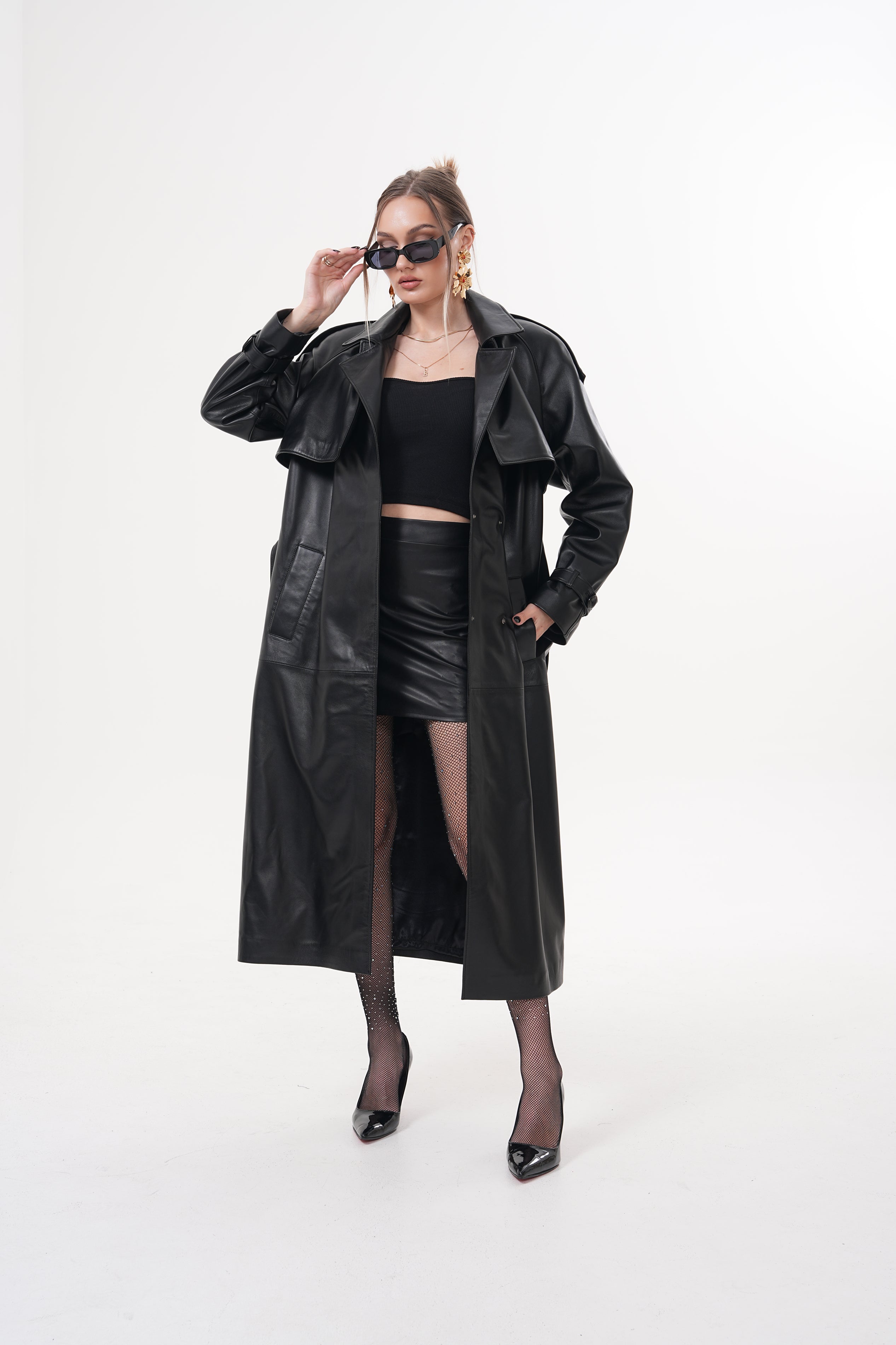 The Raven Black Leather Women Trench Coat