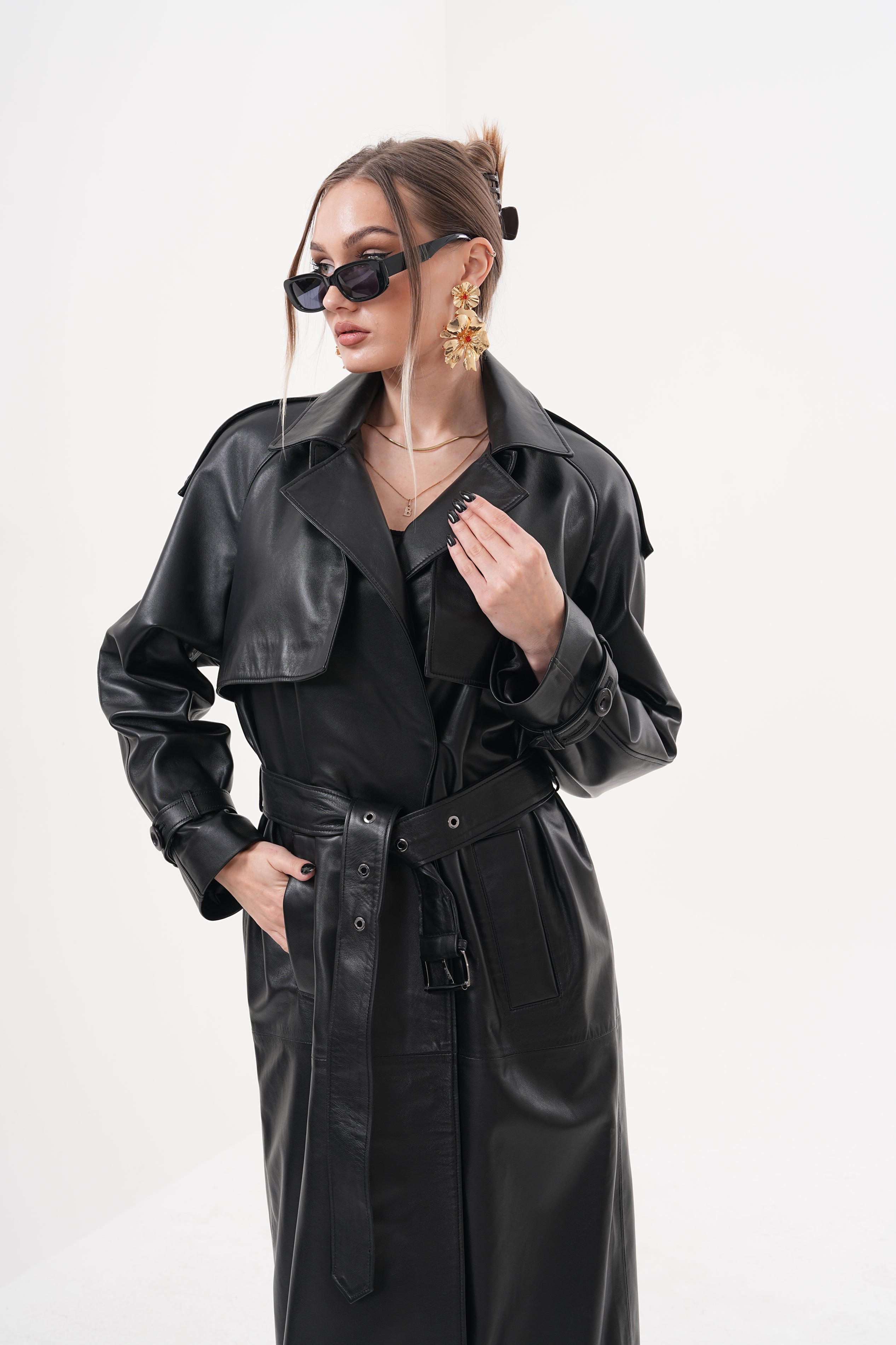 The Raven Black Leather Women Trench Coat