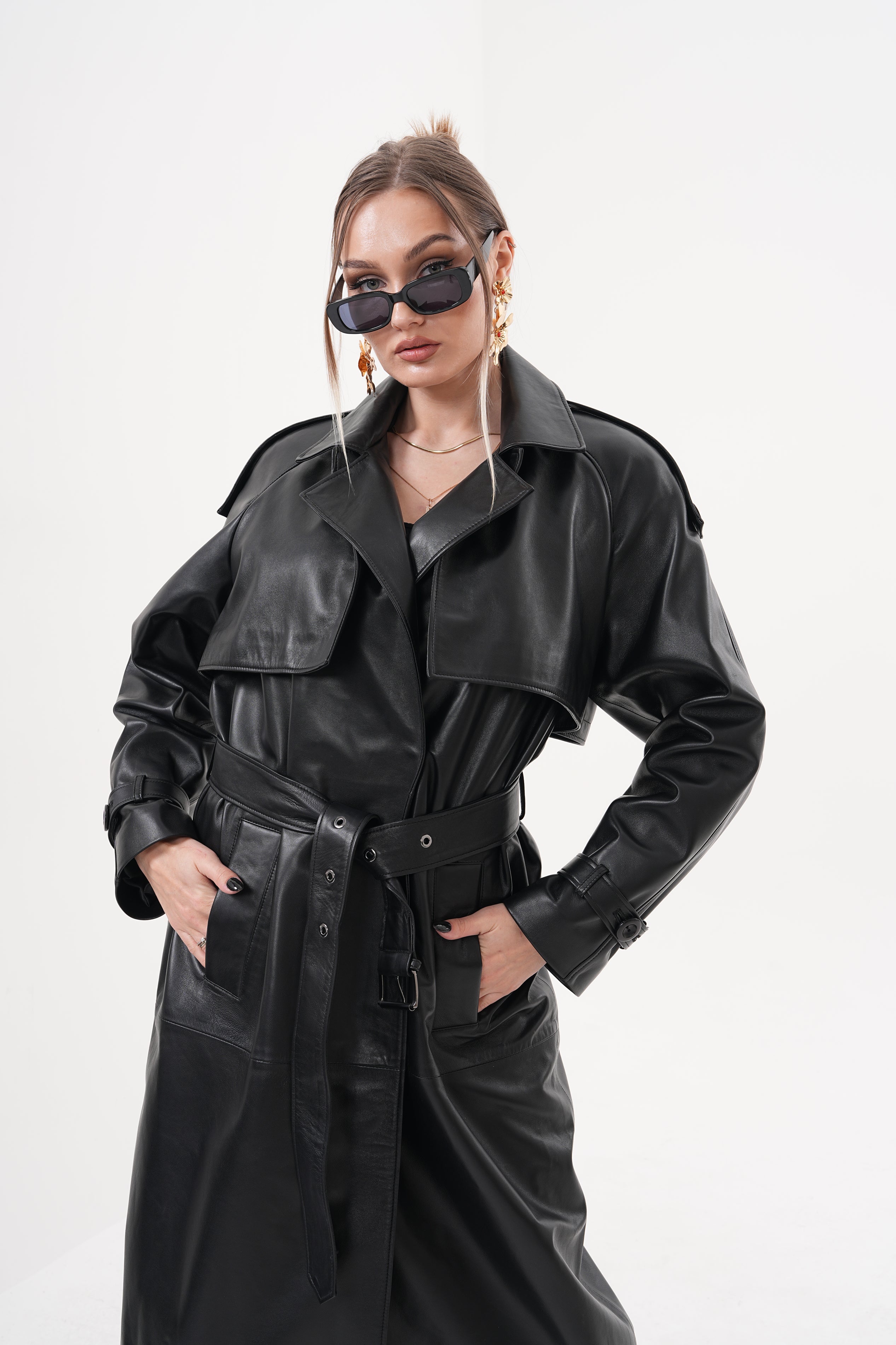 The Raven Black Leather Women Trench Coat