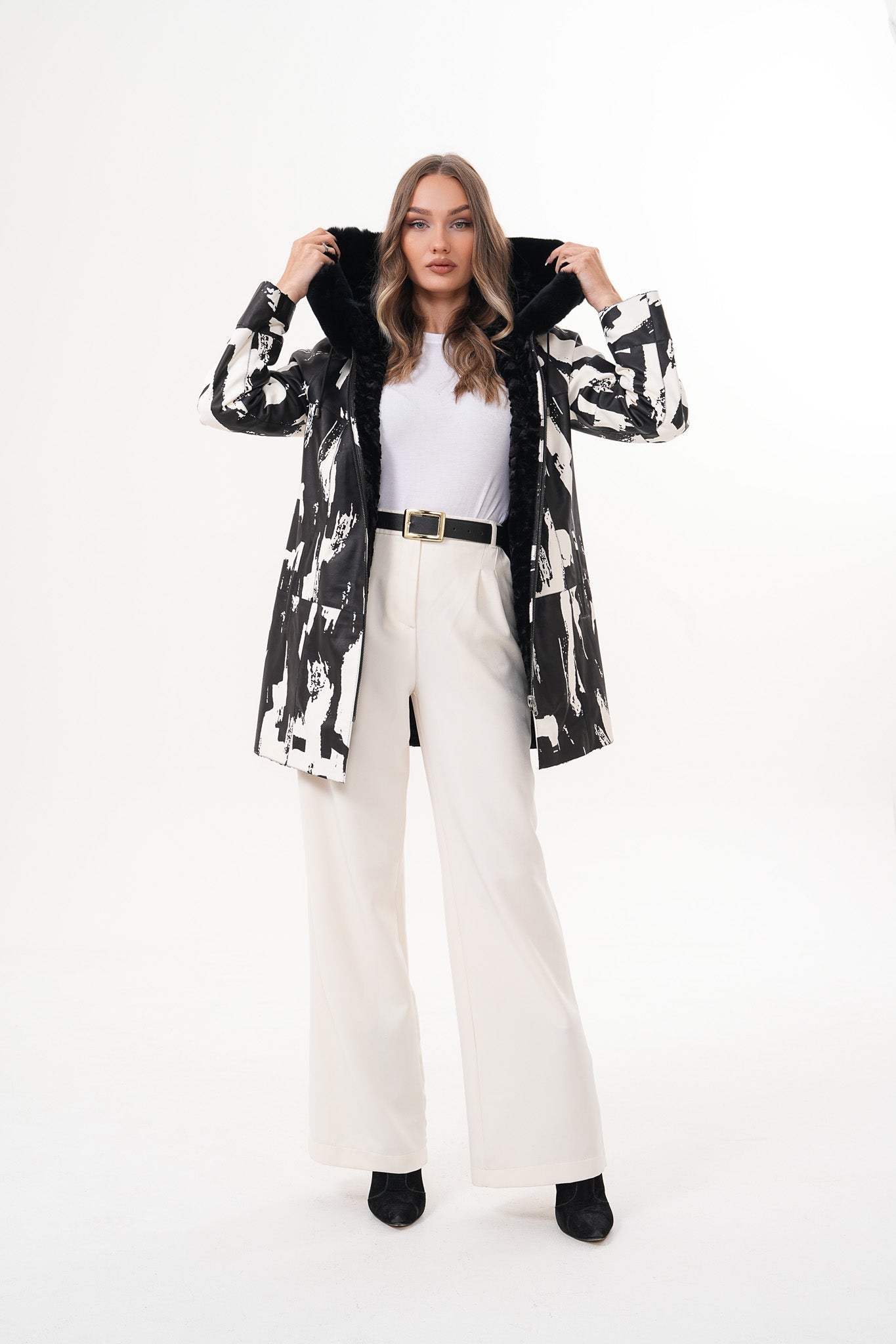 The Prisma Black & White Leather Women Jacket