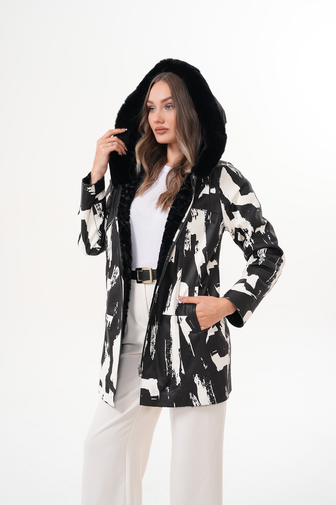 The Prisma Black & White Leather Women Jacket