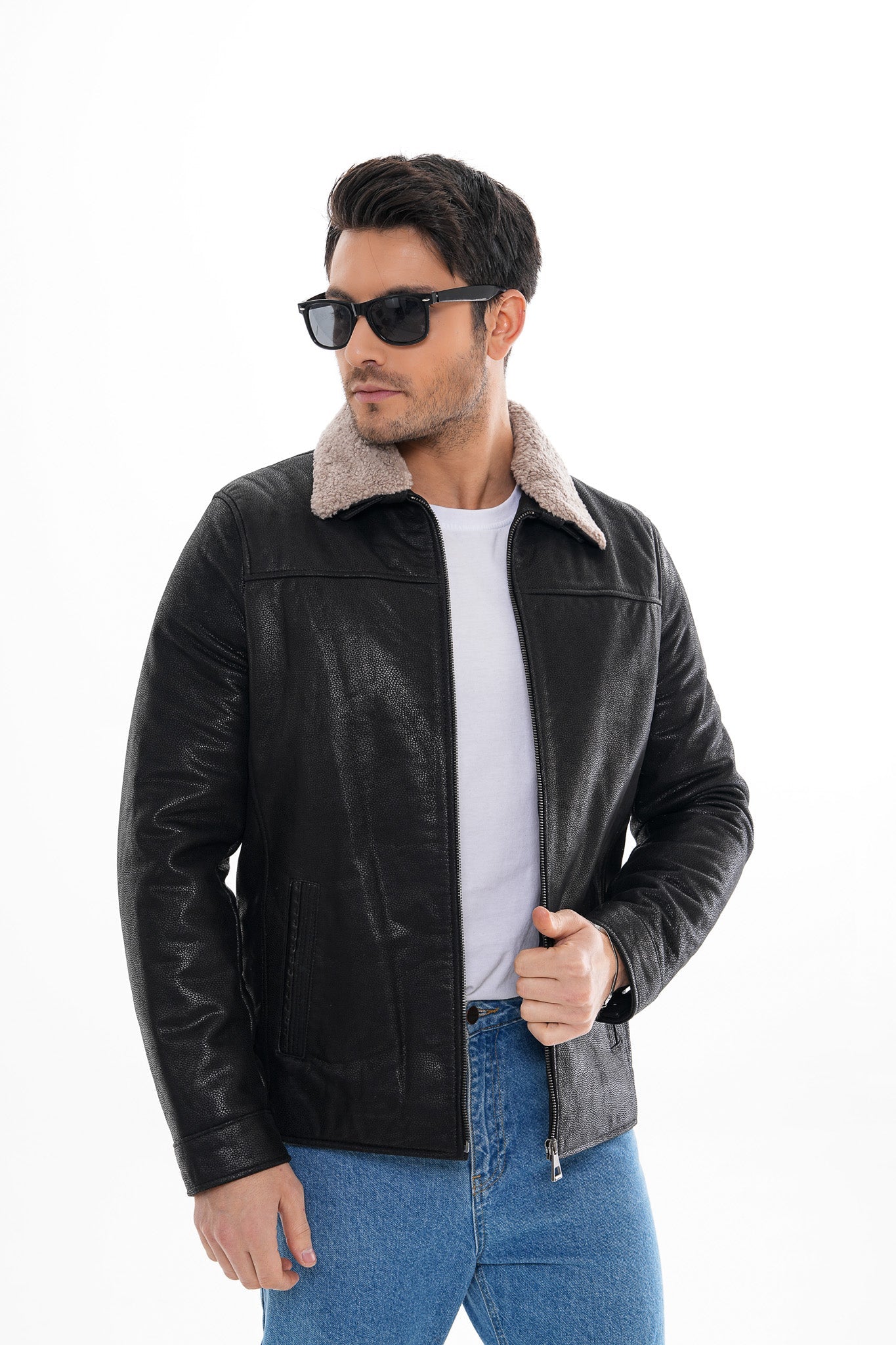 The Sarnico Black Shearling Collar Leather Jacket