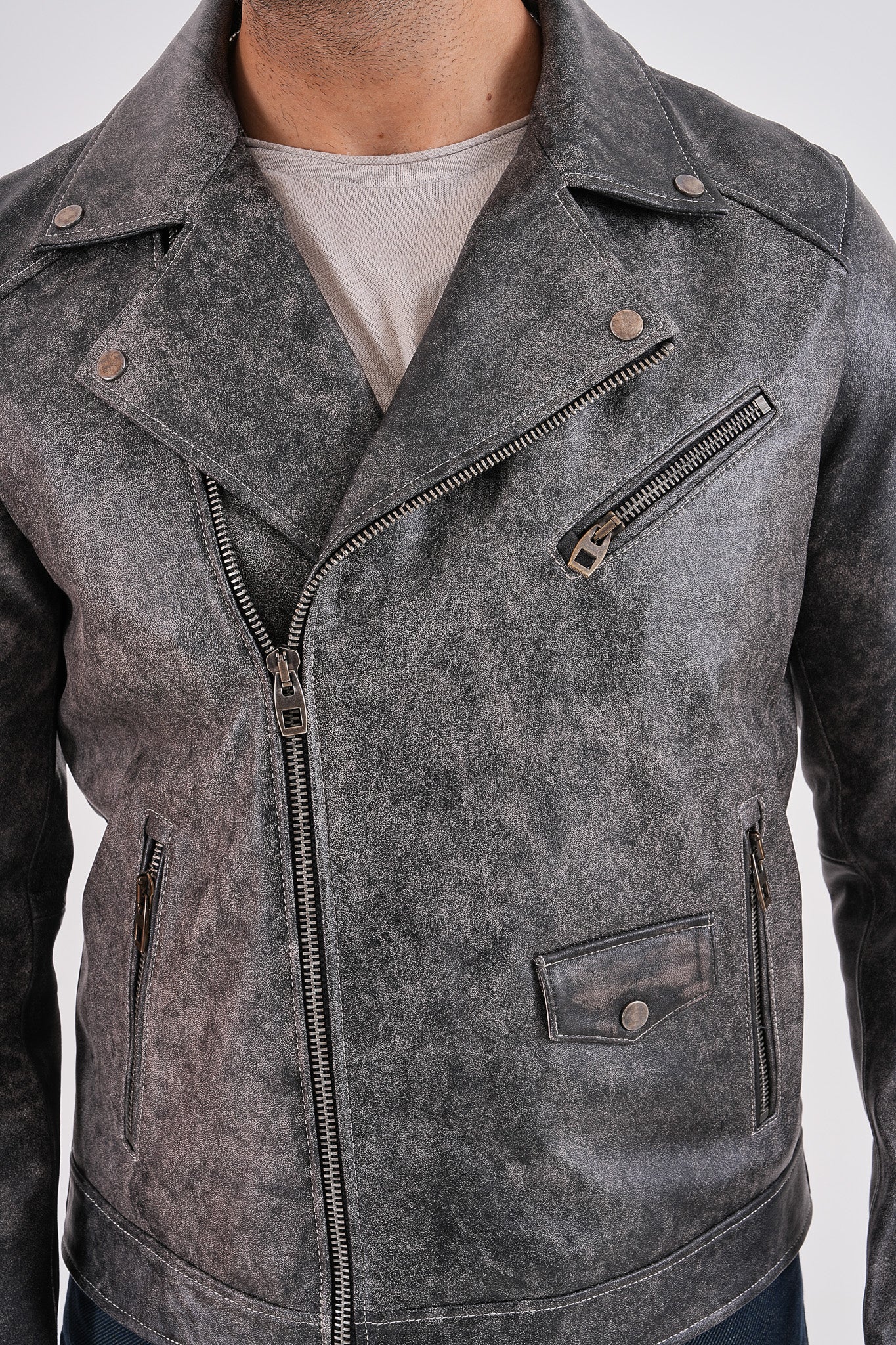 The Volt Textured Distressed Grey Leather Men Jacket