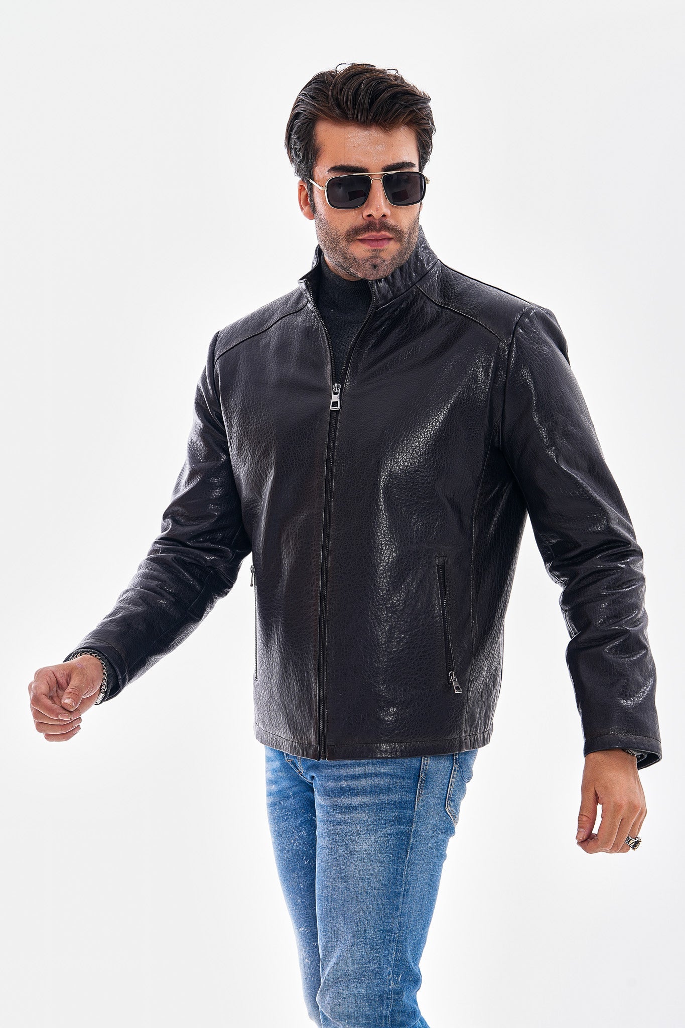 The Varden Navy Blue Leather Men Jacket