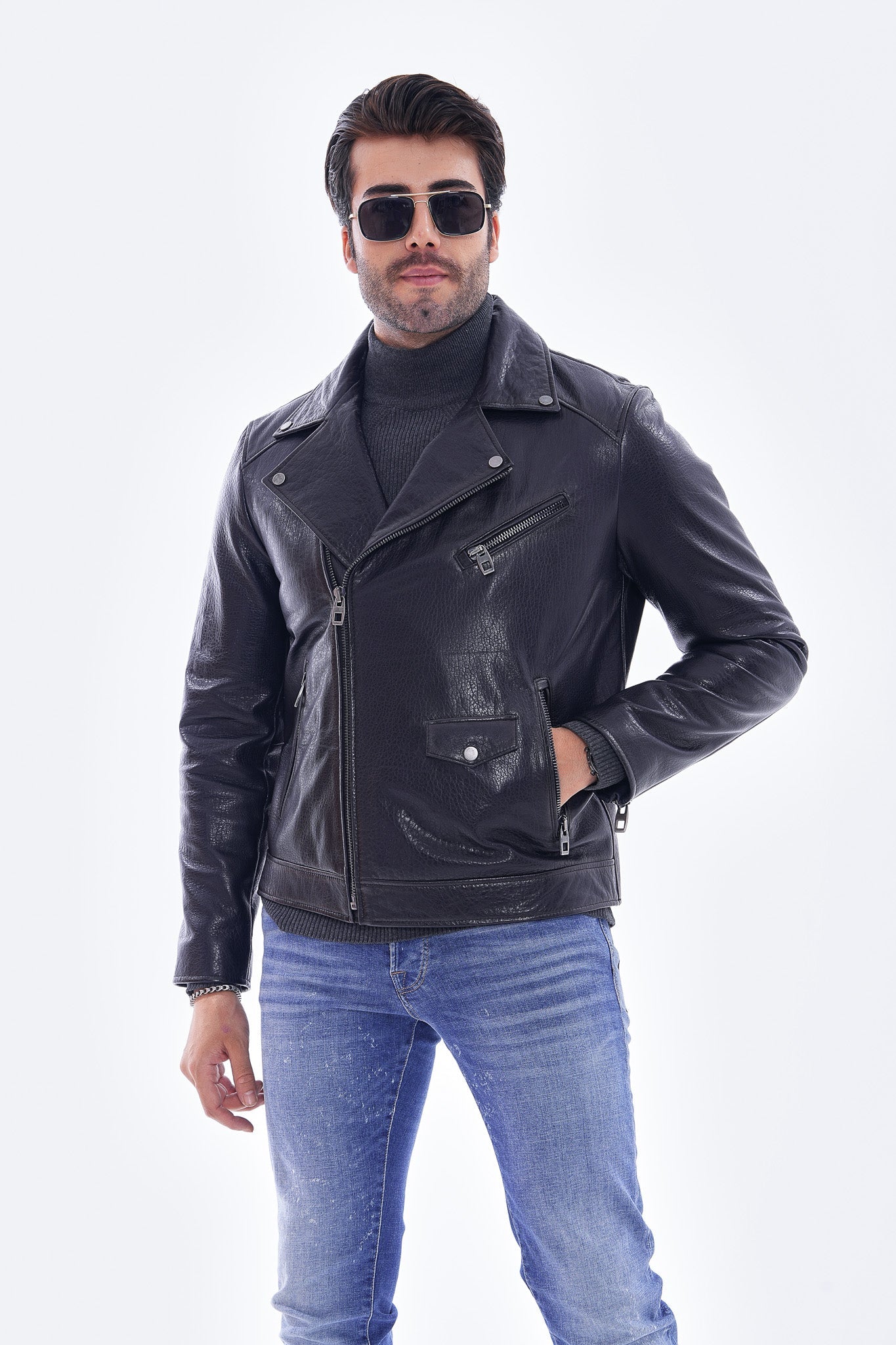 The Volt Textured Navy Blue Leather Men Jacket