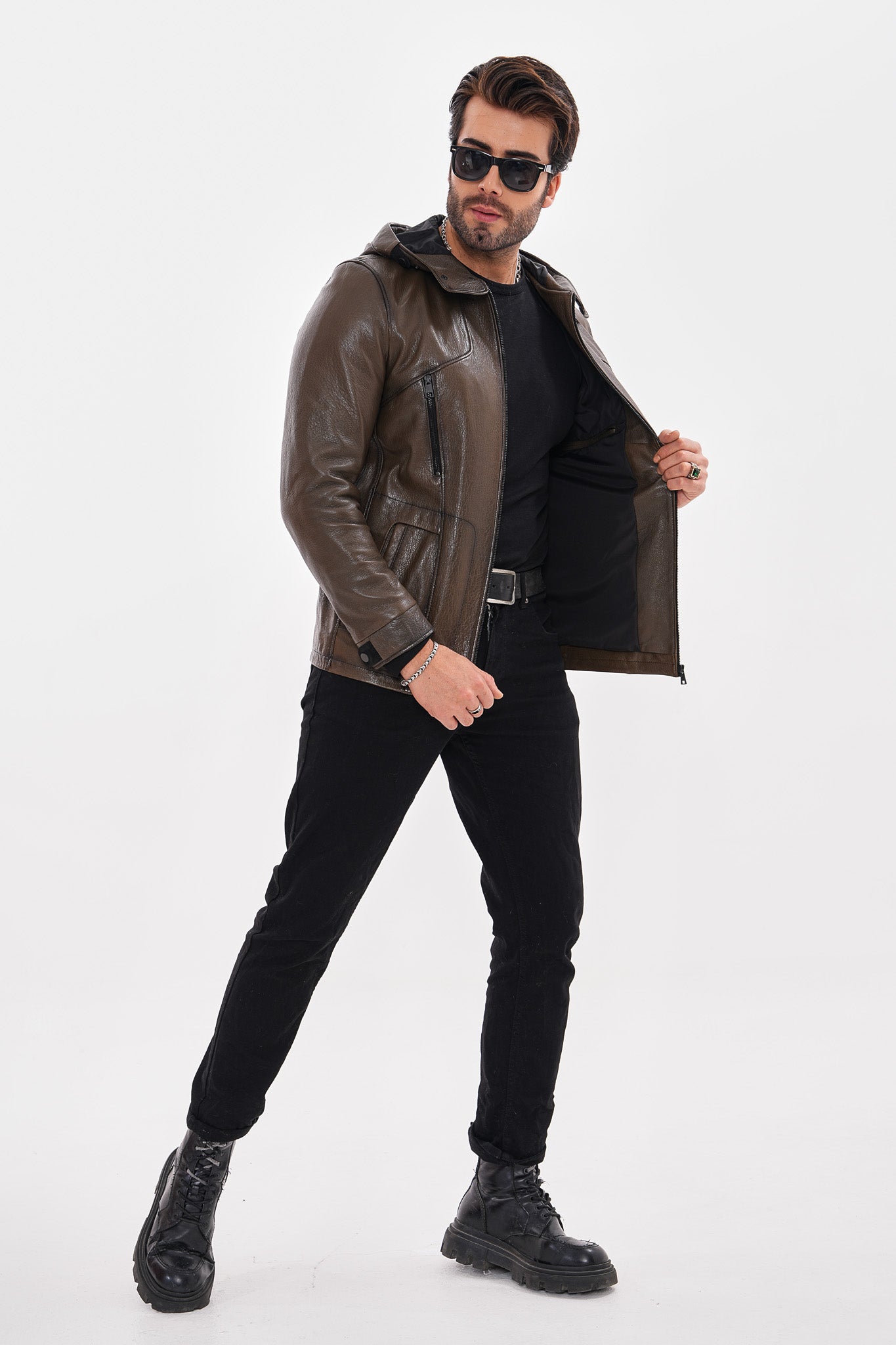 The Veneto Khaki Leather Hooded Men Jacket