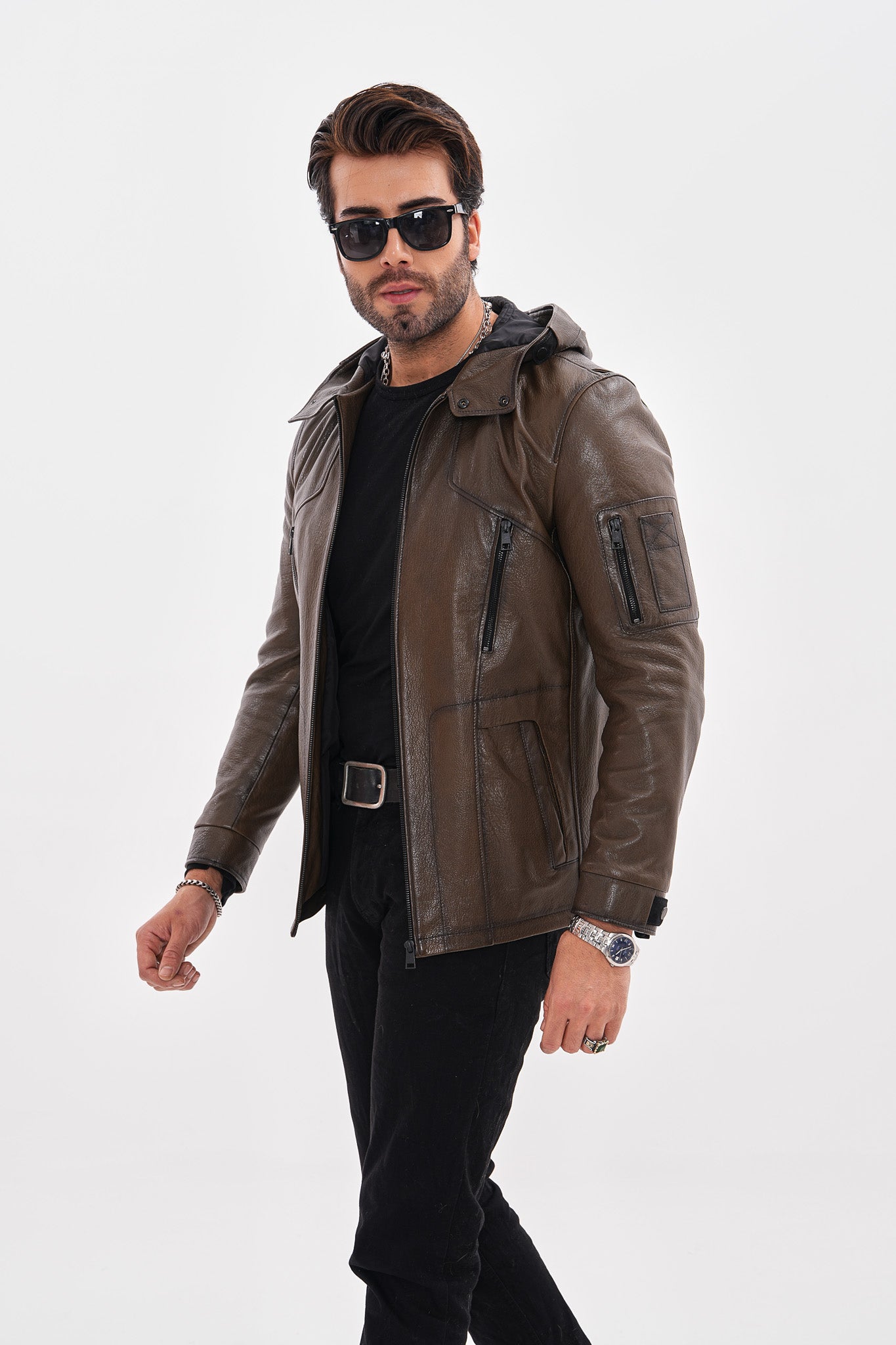 The Veneto Khaki Leather Hooded Men Jacket