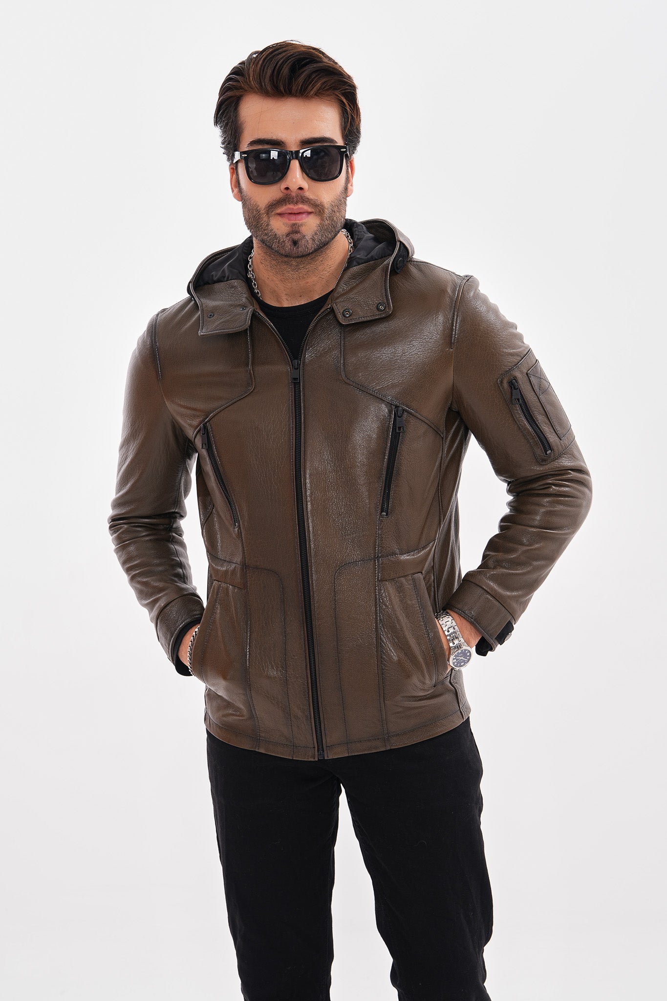 The Veneto Khaki Leather Hooded Men Jacket