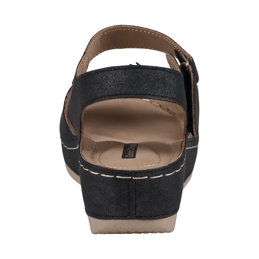GC Shoes Maxwell Black Flower Velcro Slingback Wedge Sandals
