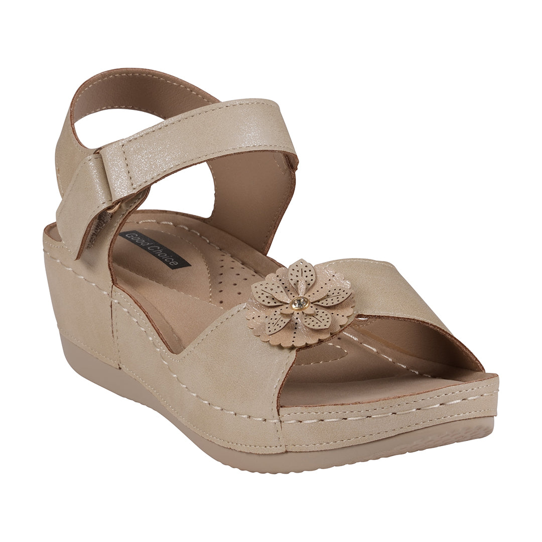 GC Shoes Maxwell Gold Flower Velcro Slingback Wedge Sandals