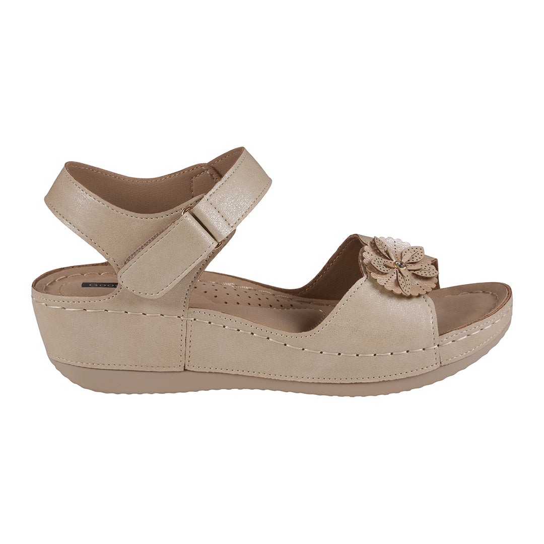 GC Shoes Maxwell Gold Flower Velcro Slingback Wedge Sandals