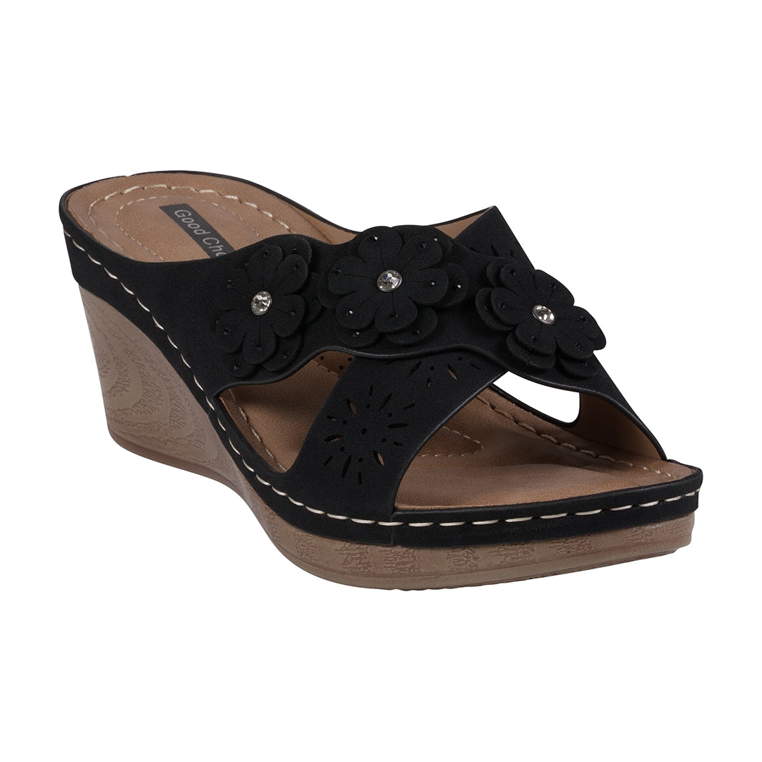GC Shoes Miller Black Cross Strap Floral Wedge Sandals