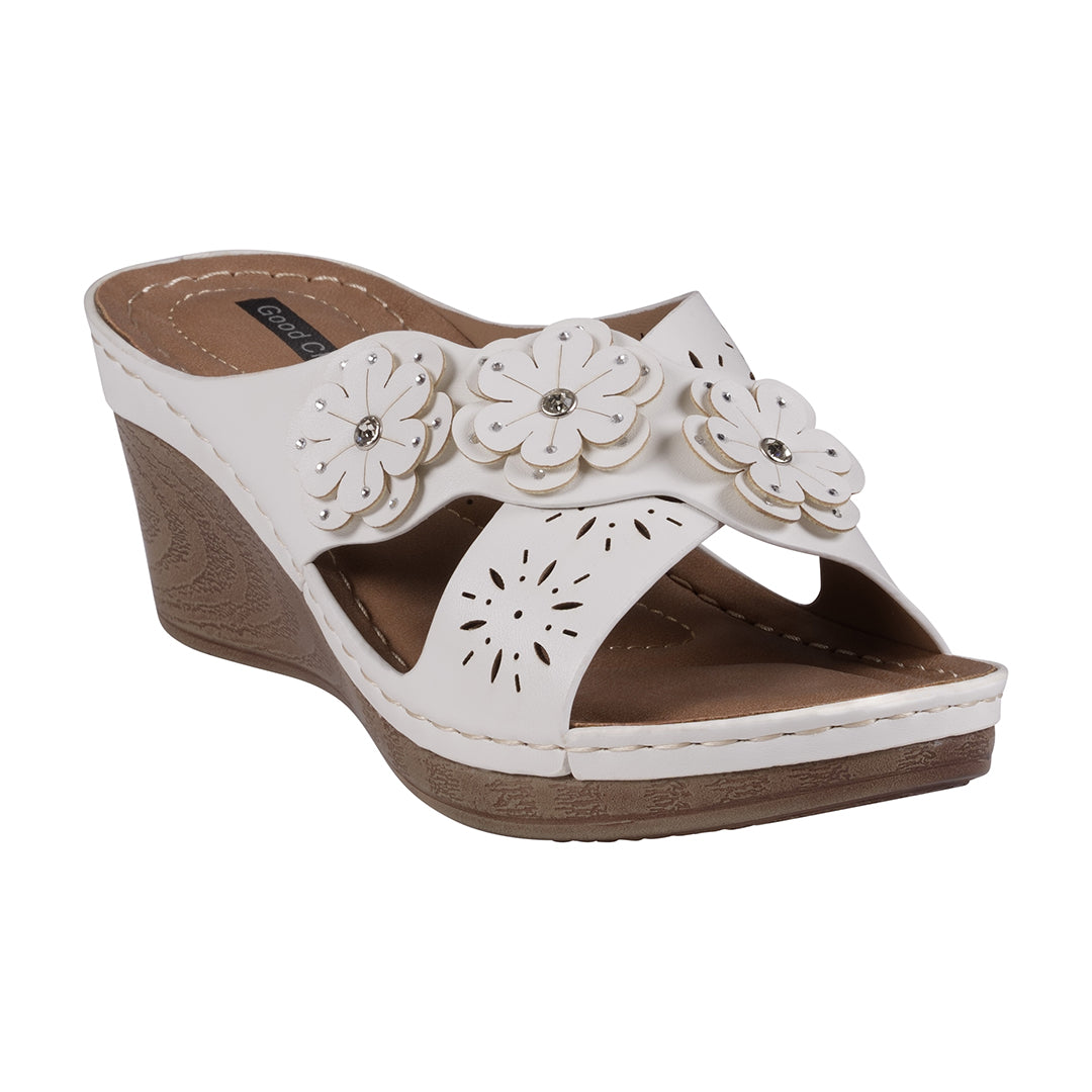 GC Shoes Miller White Cross Strap Floral Wedge Sandals