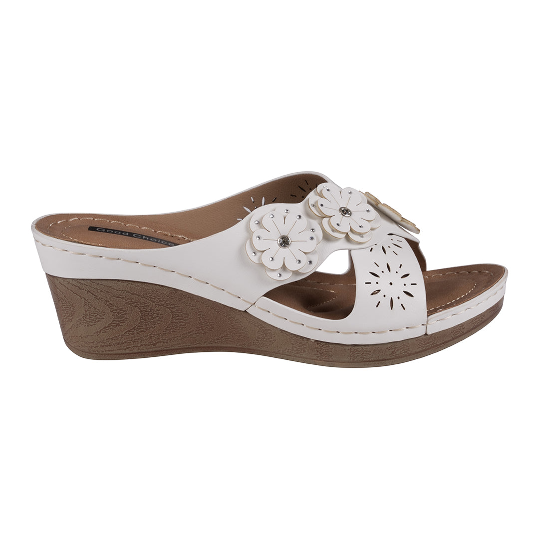 GC Shoes Miller White Cross Strap Floral Wedge Sandals