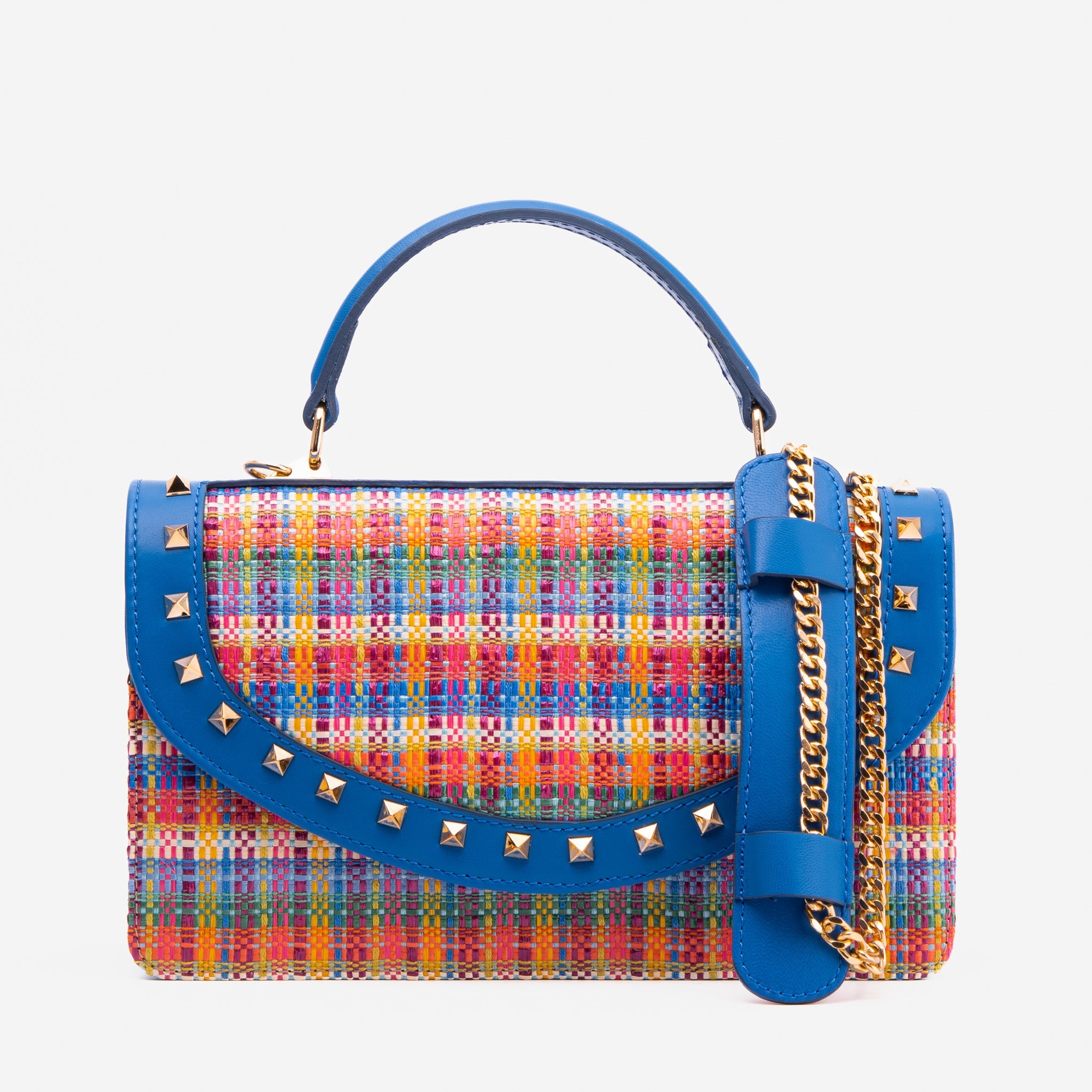 The Zoe Multicolor Tweed & Blue Leather Handbag