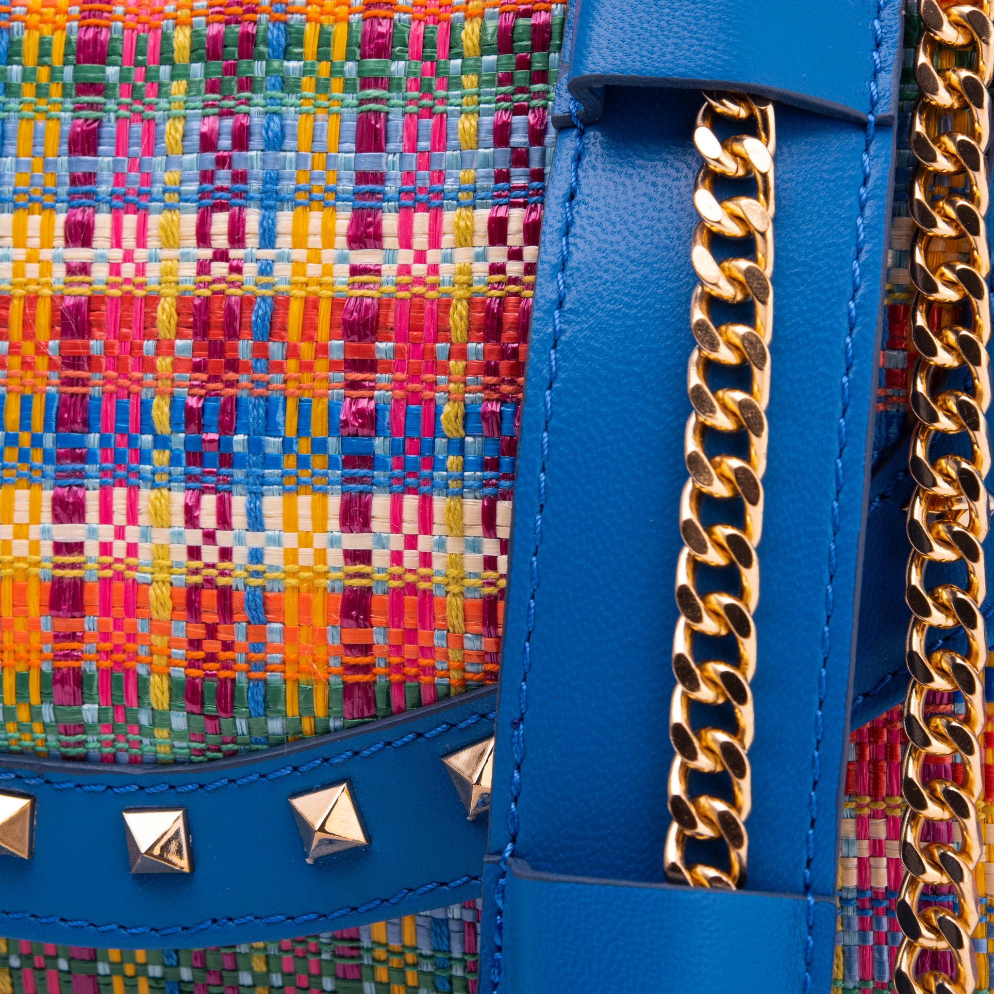 The Zoe Multicolor Tweed & Blue Leather Handbag